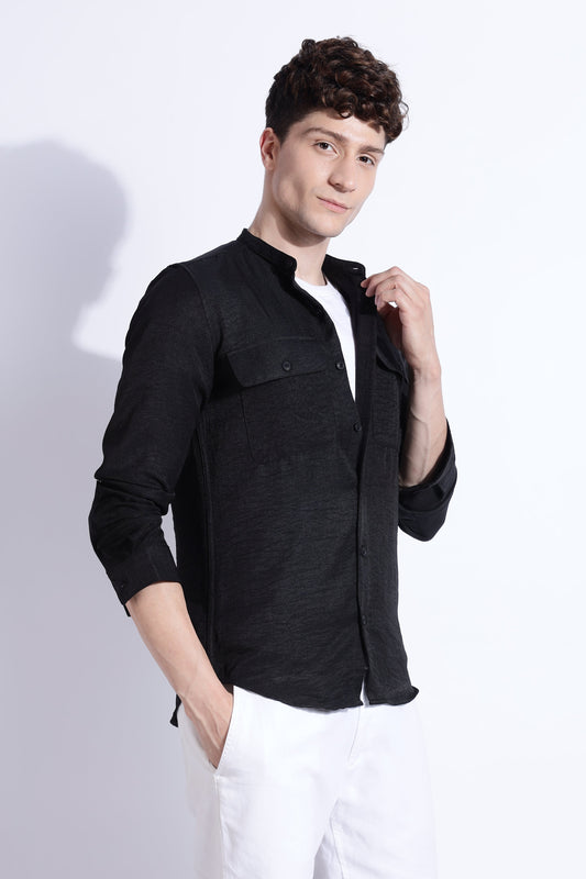 Men Air Linen Like DP Mandarine Shirt-Black