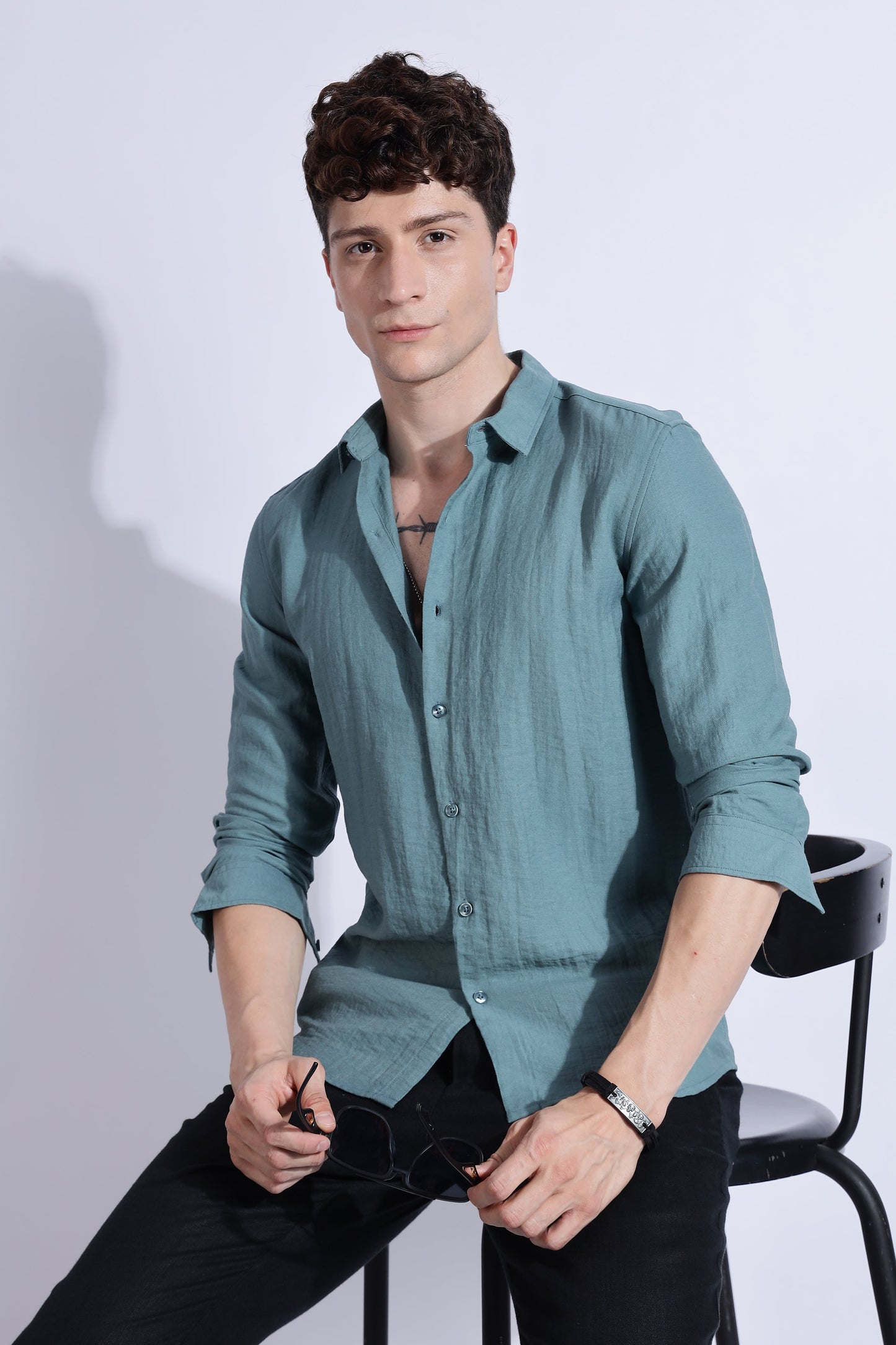 Men Lucas Look Linen Shirt-Teal