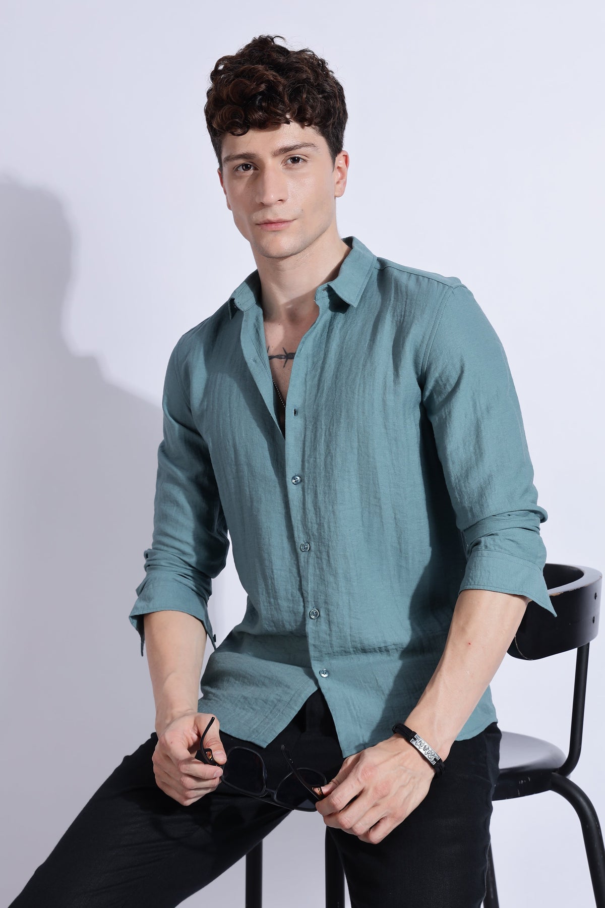 Men Lucas Look Linen Shirt-Teal
