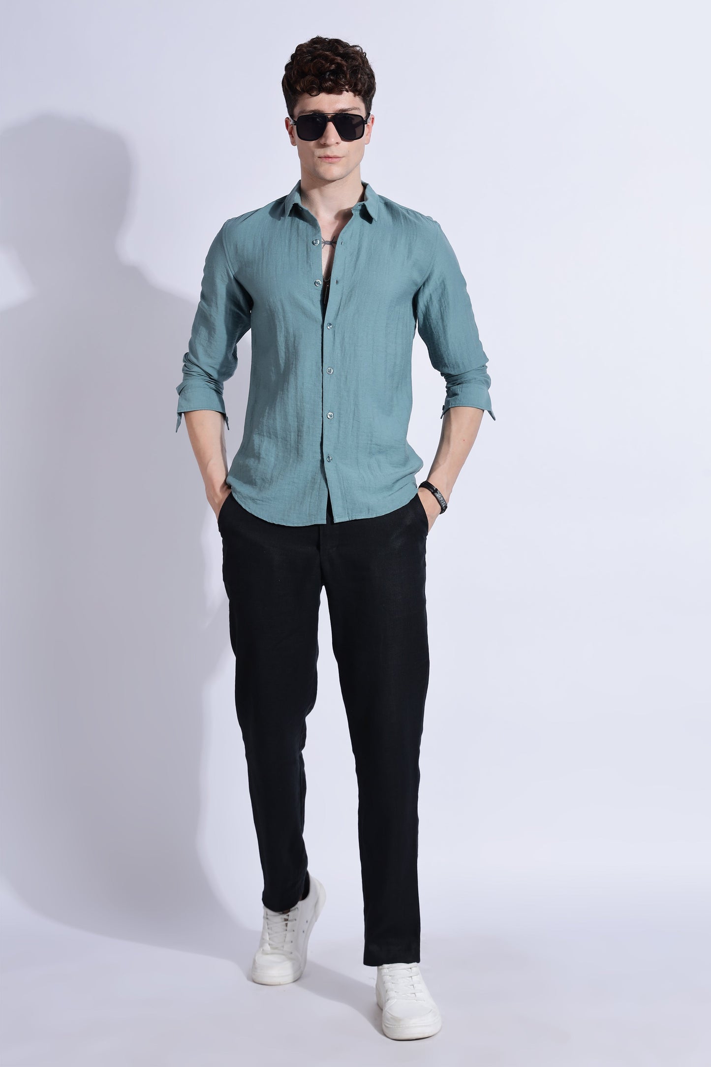 Men Lucas Look Linen Shirt-Teal
