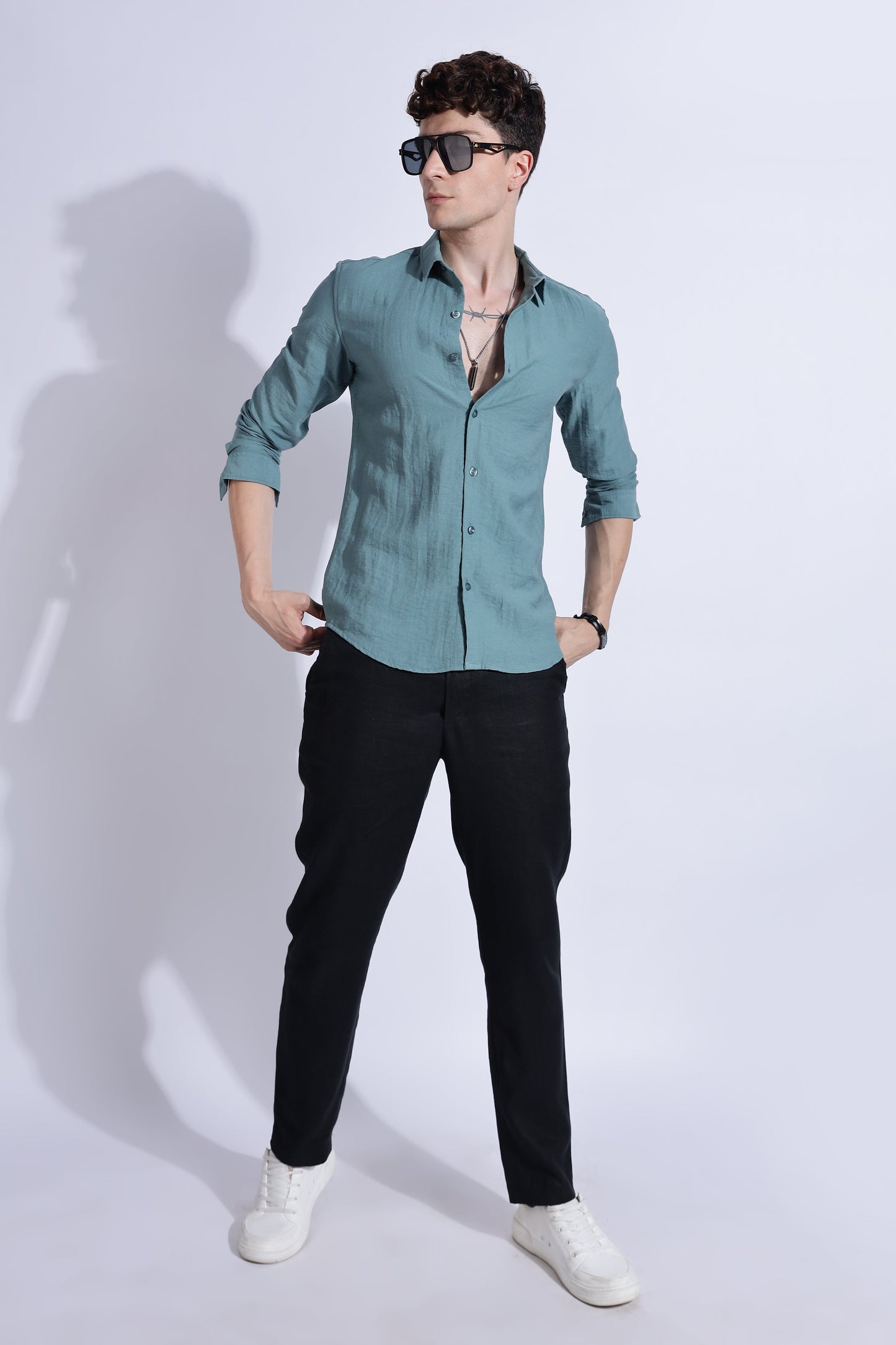 Men Lucas Look Linen Shirt-Teal