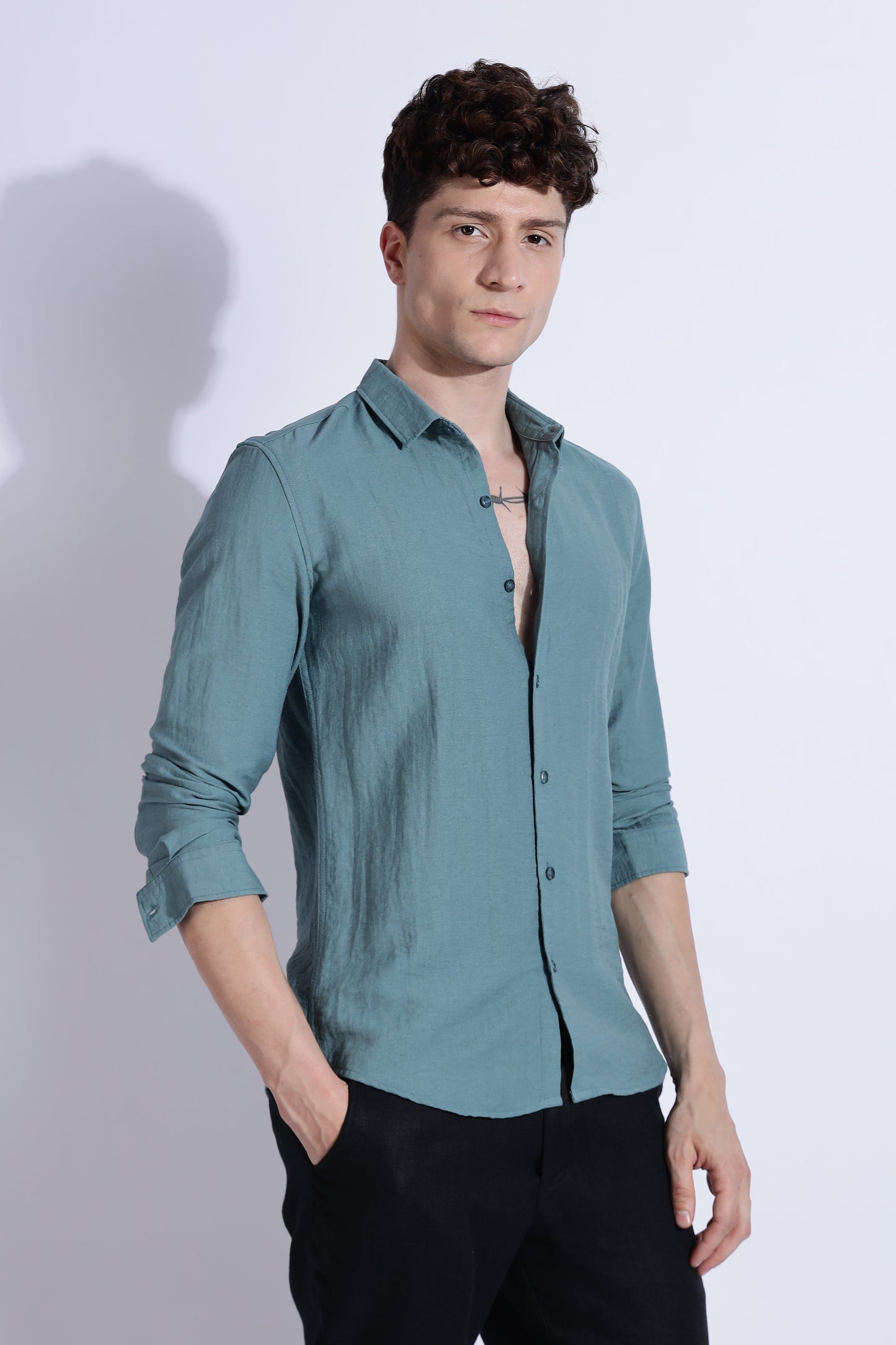 Men Lucas Look Linen Shirt-Teal