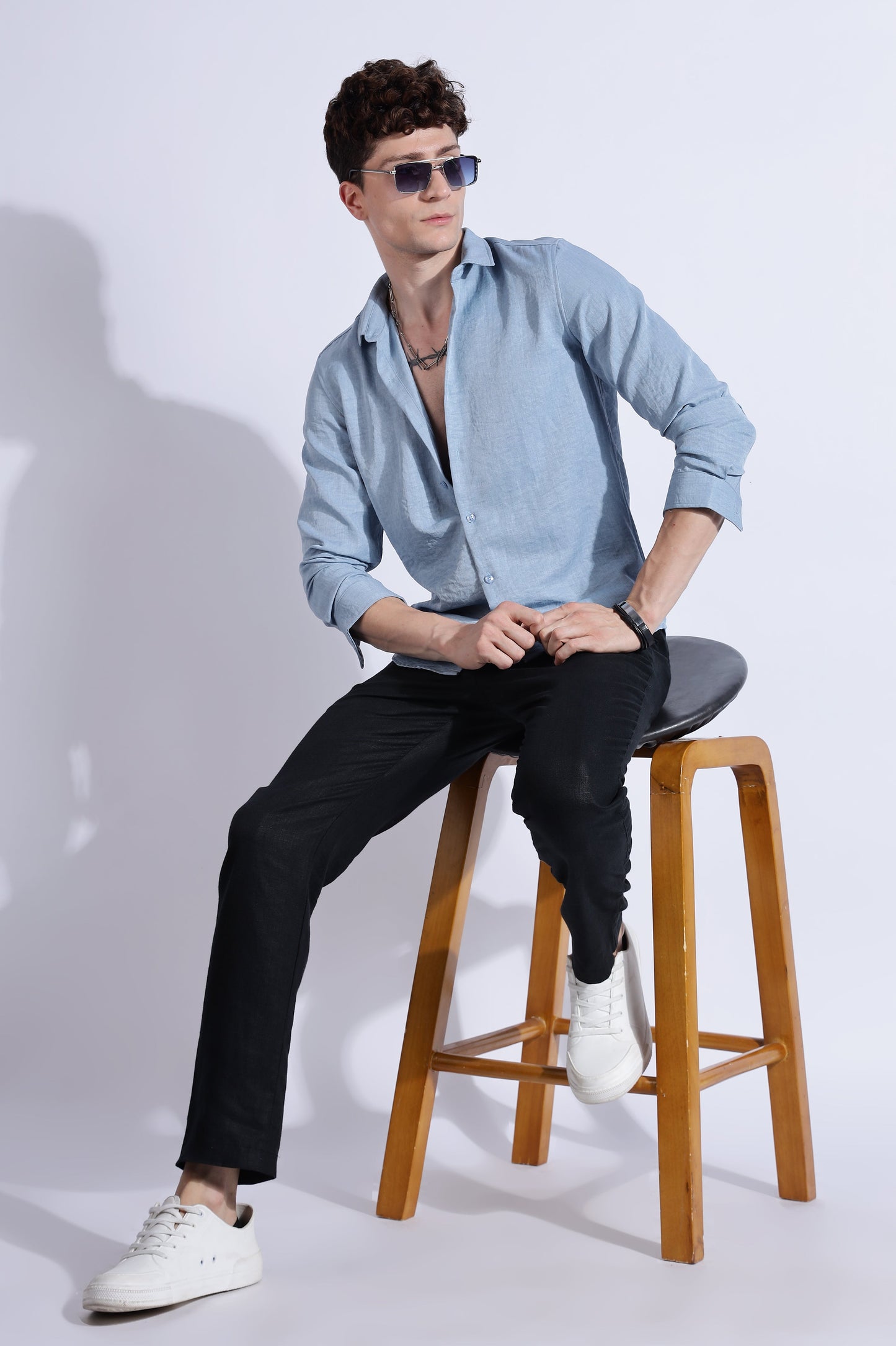 Men Air Linen Like Shirt-Sky Blue