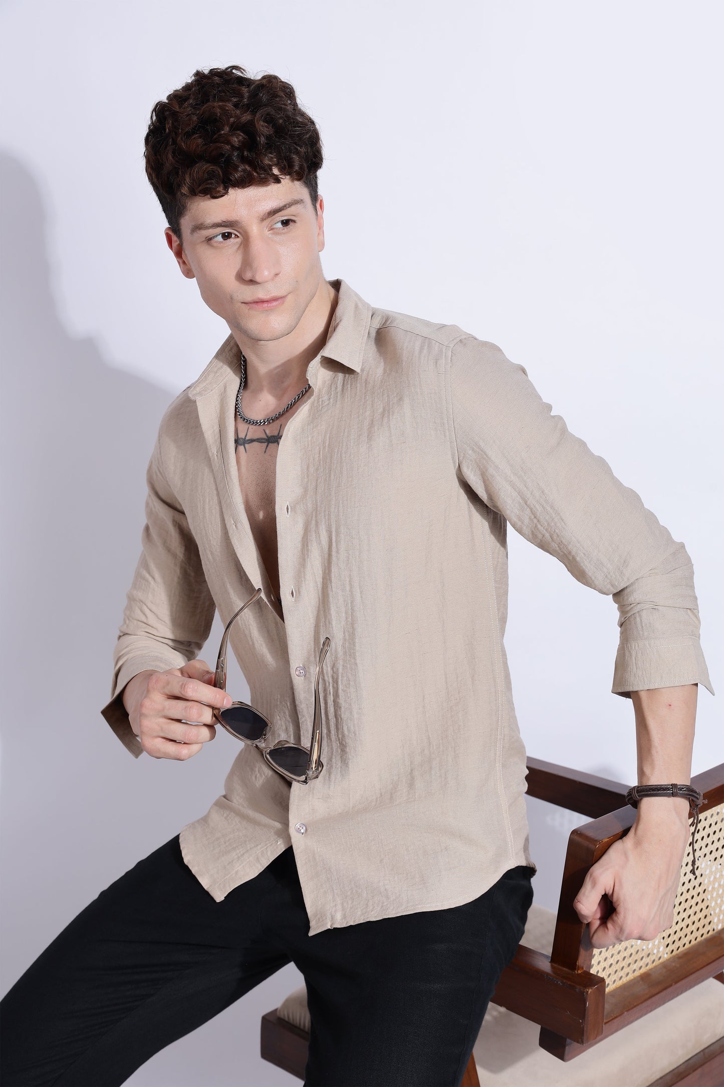 Men Lucas Look Linen Shirt-Beige