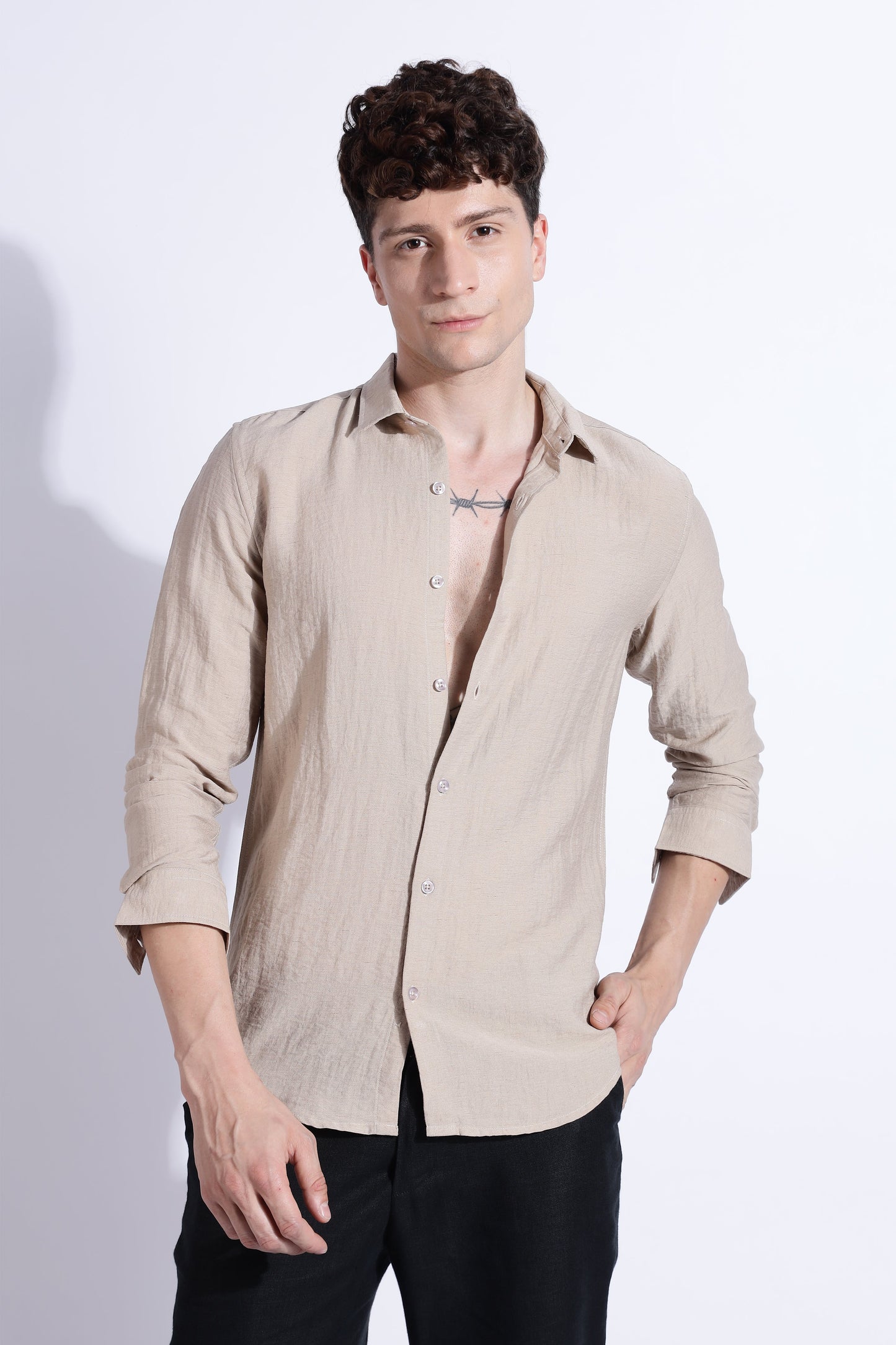 Men Lucas Look Linen Shirt-Beige