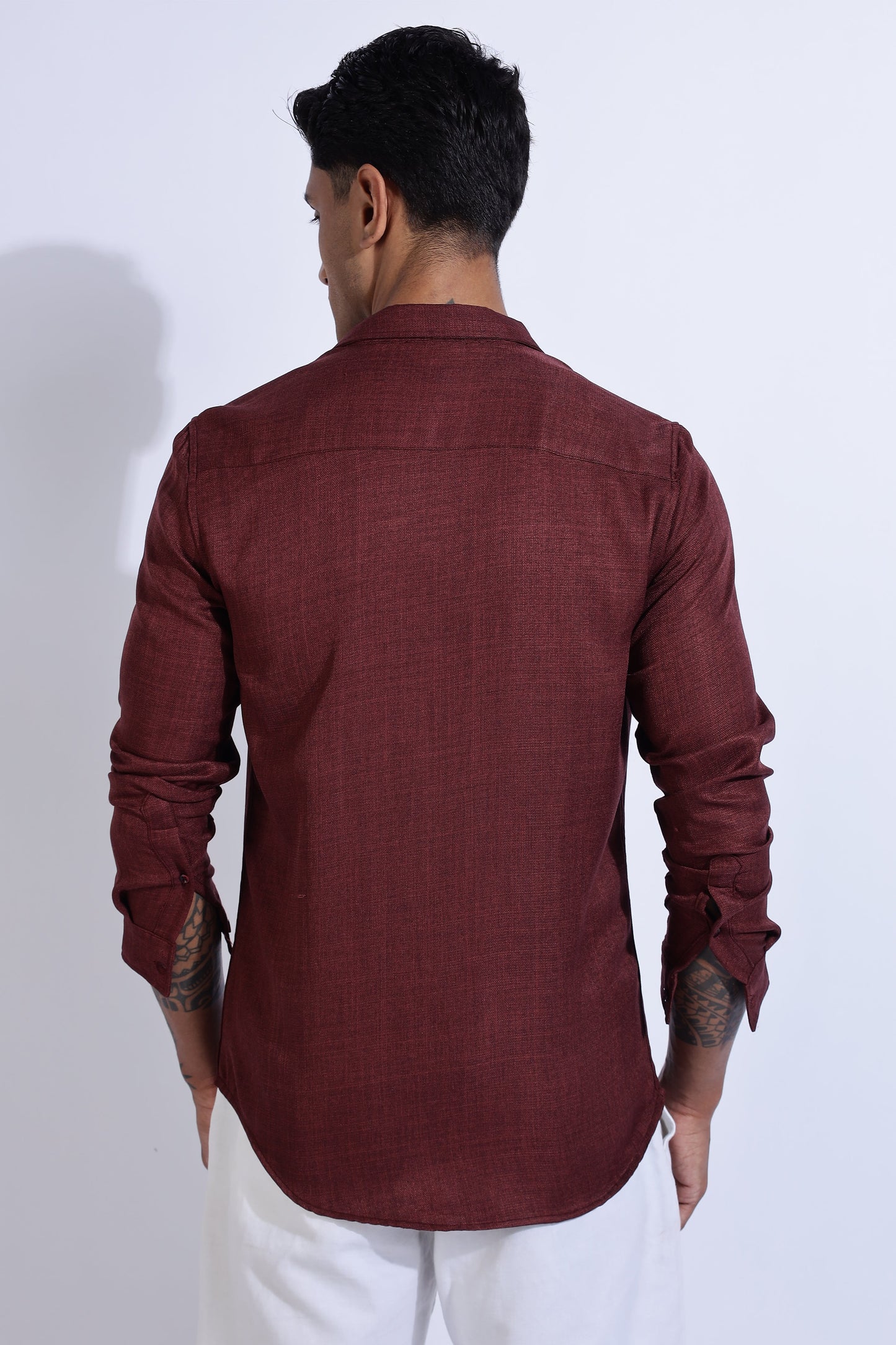 Men Linen Look Shirt-Maroon