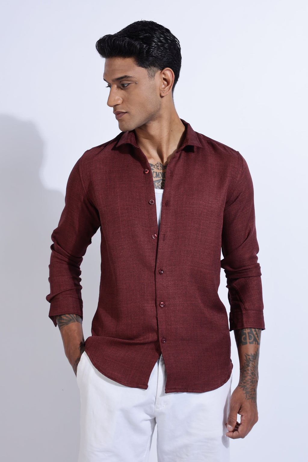 Men Linen Look Shirt-Maroon