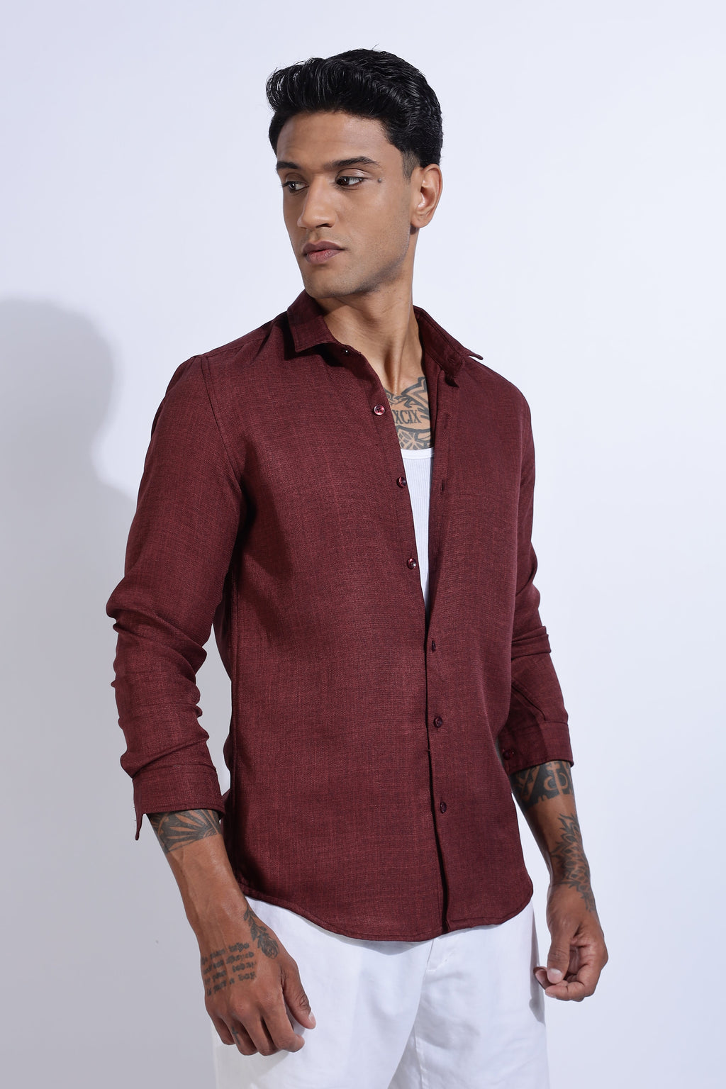 Men Linen Look Shirt-Maroon