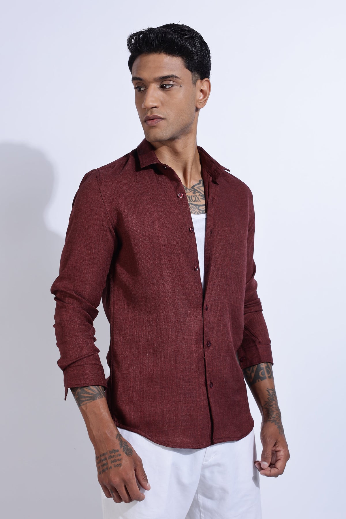 Men Linen Look Shirt-Maroon