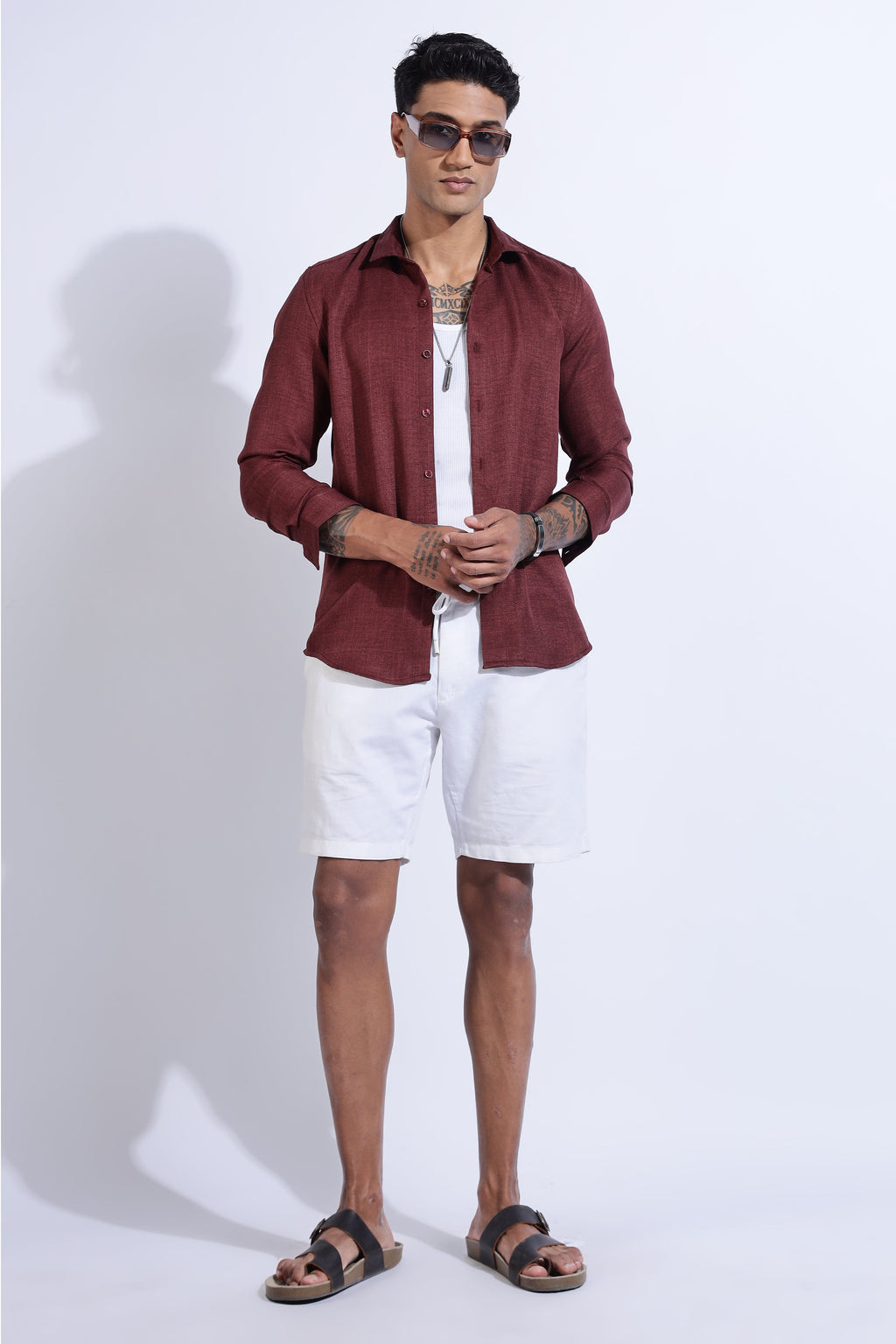 Men Linen Look Shirt-Maroon