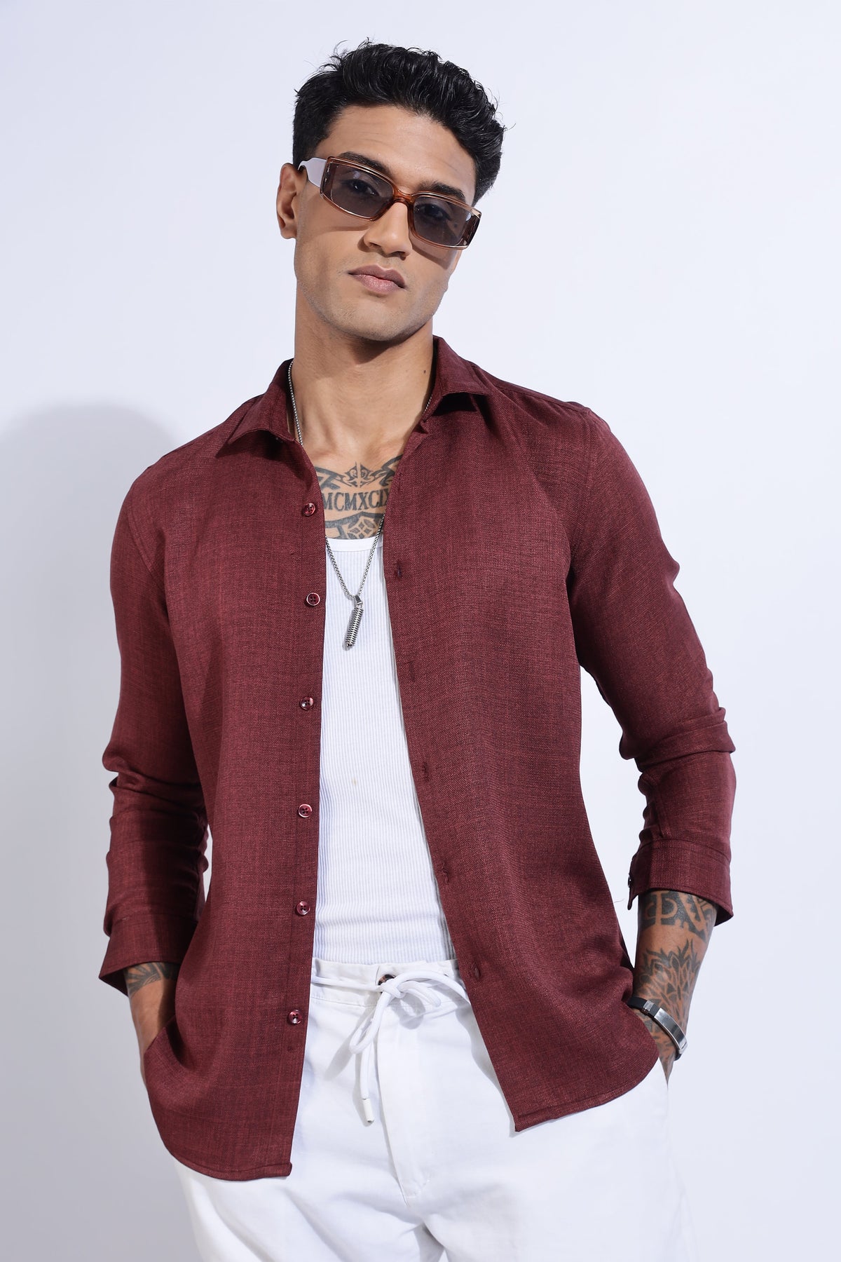 Men Linen Look Shirt-Maroon