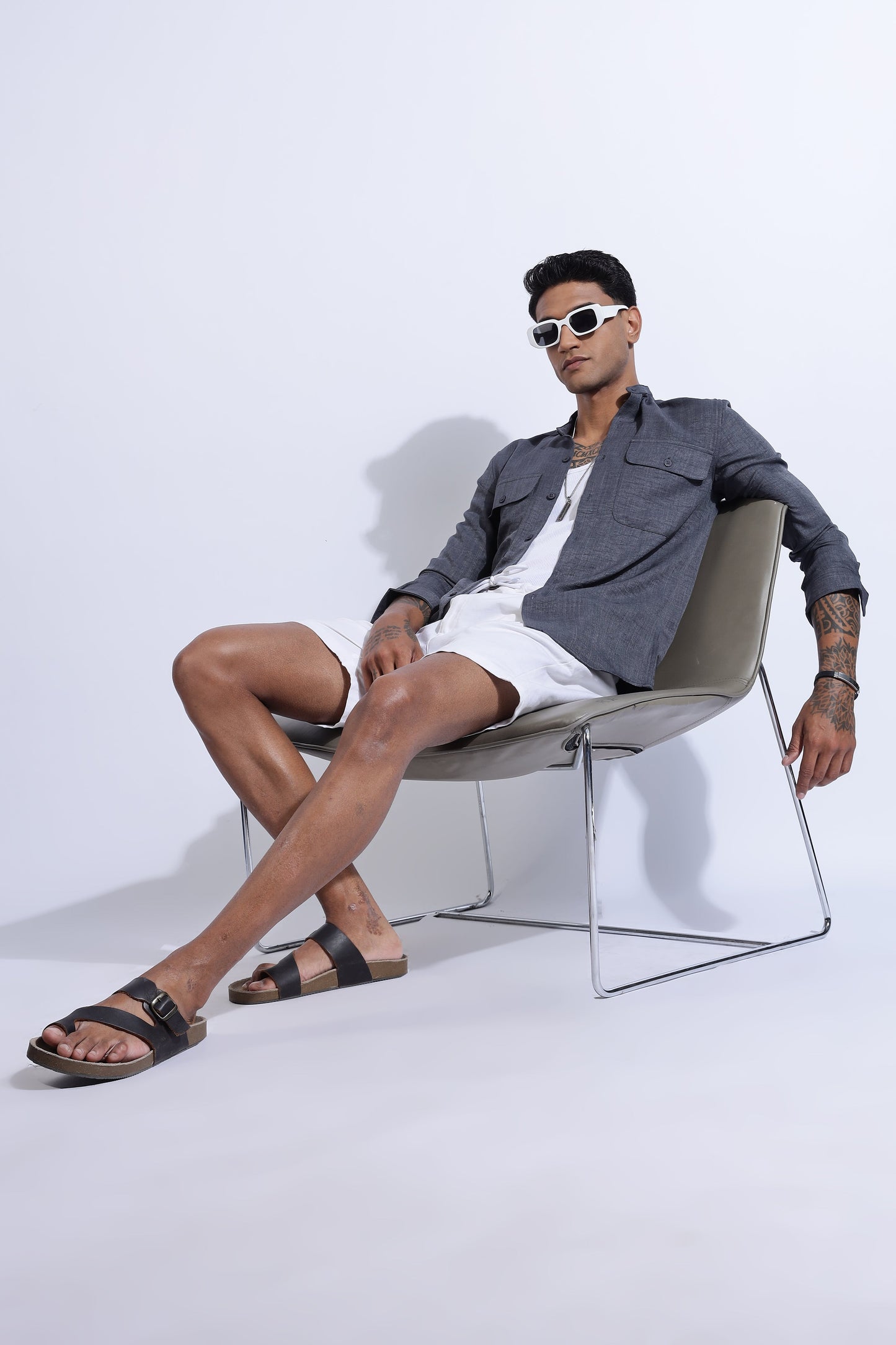 Men Air Linen Like DP Mandarine Shirt-Grey