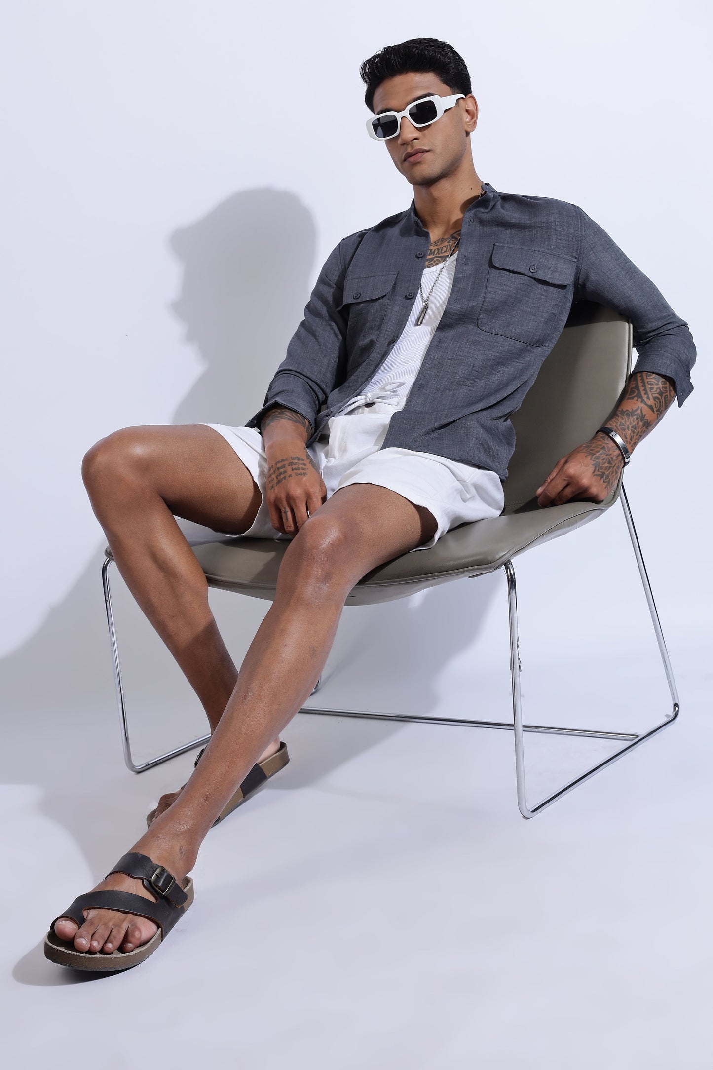 Men Air Linen Like DP Mandarine Shirt-Grey