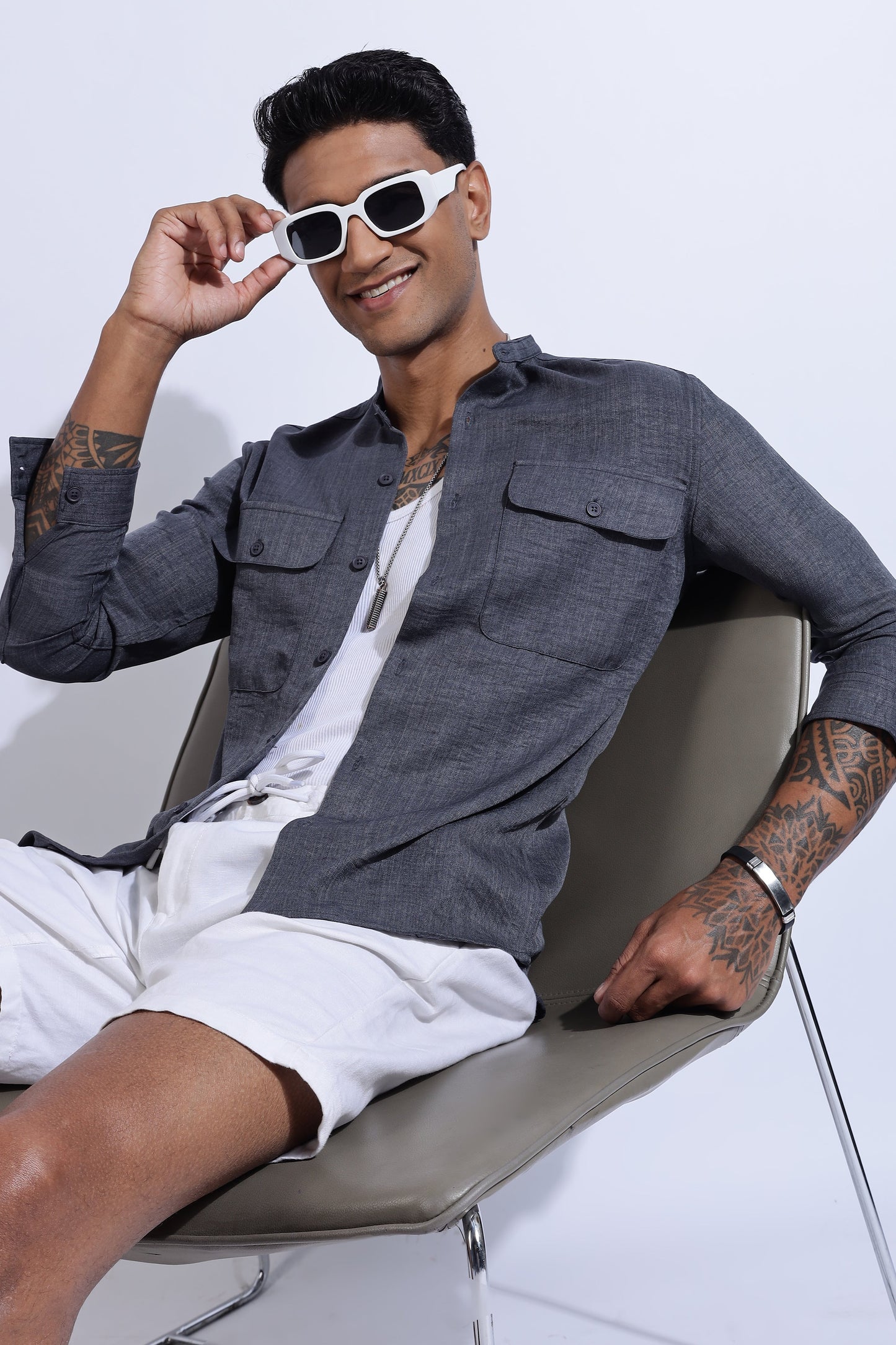 Men Air Linen Like DP Mandarine Shirt-Grey