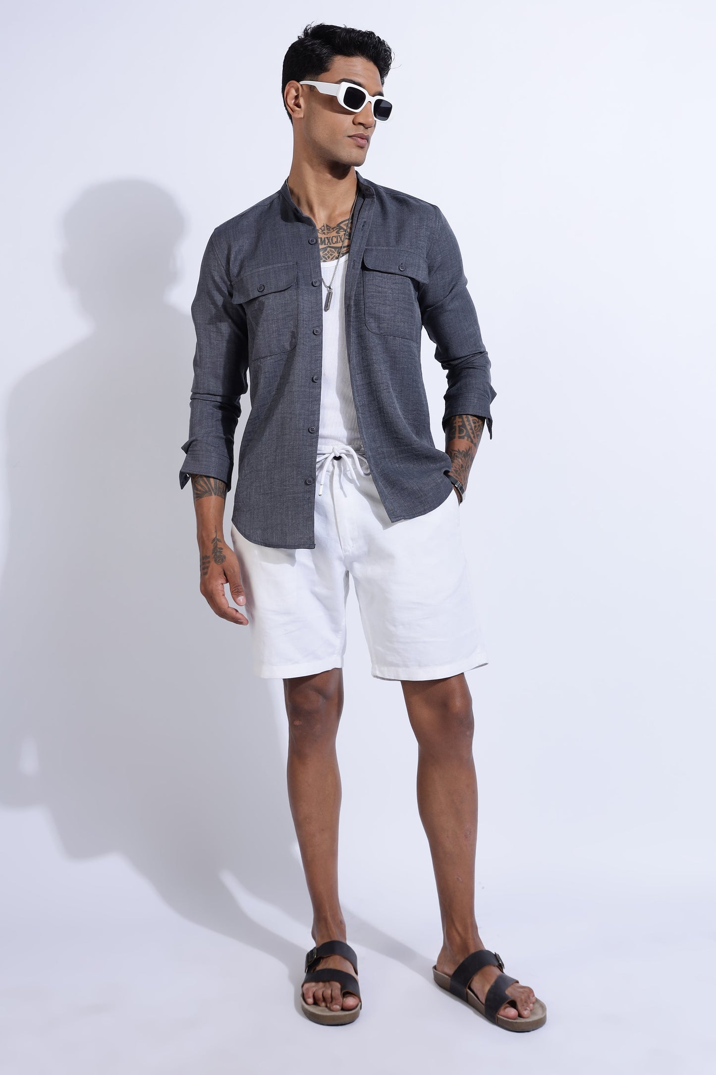 Men Air Linen Like DP Mandarine Shirt-Grey