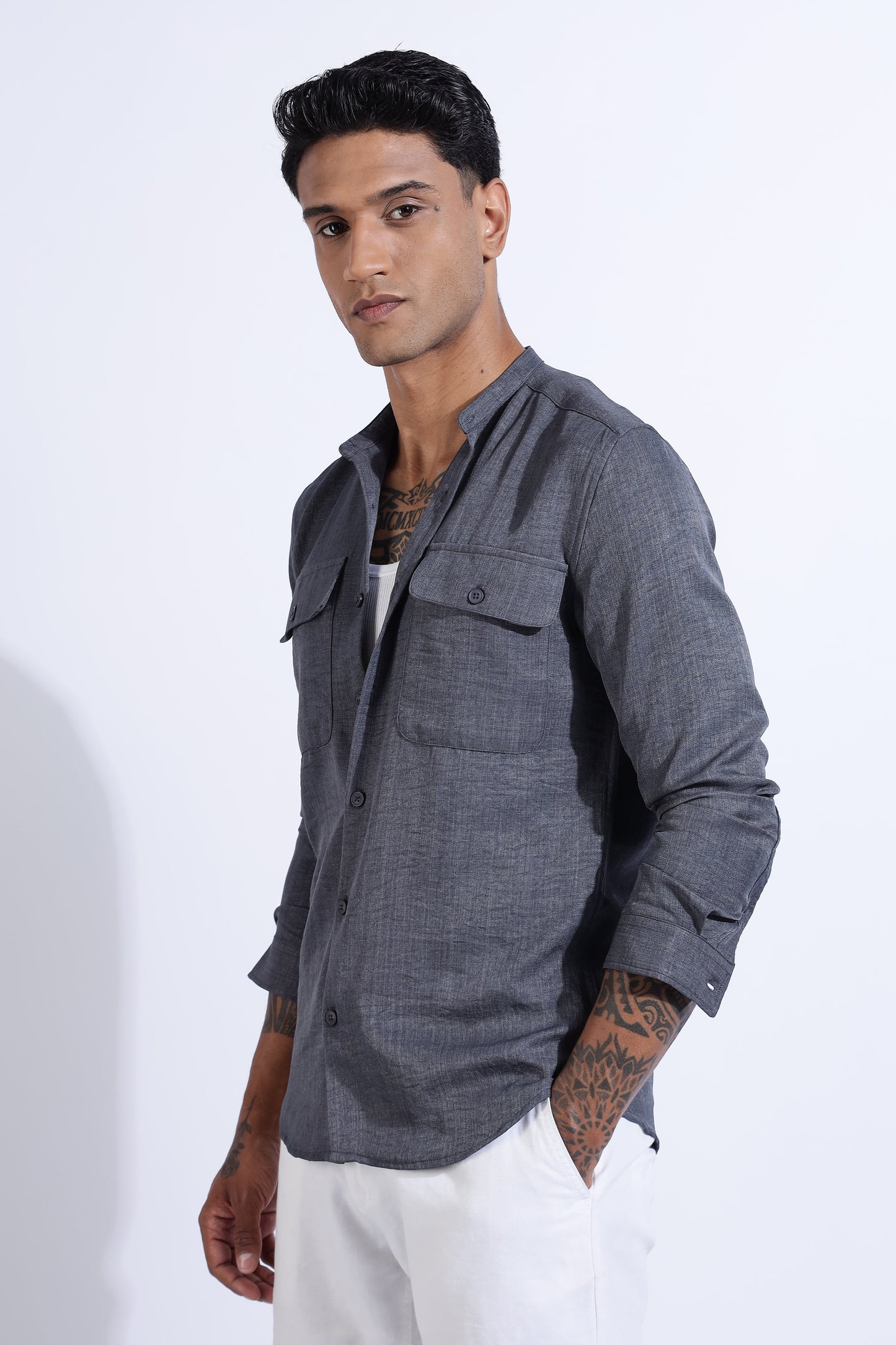 Men Air Linen Like DP Mandarine Shirt-Grey