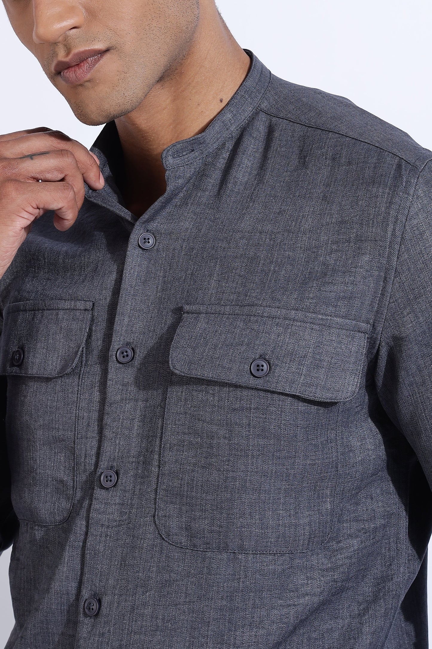 Men Air Linen Like DP Mandarine Shirt-Grey