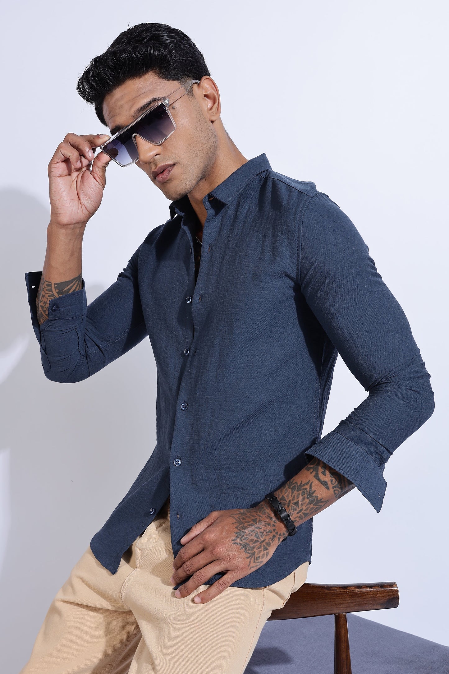 Men Lucas Look Linen Shirt-Blue