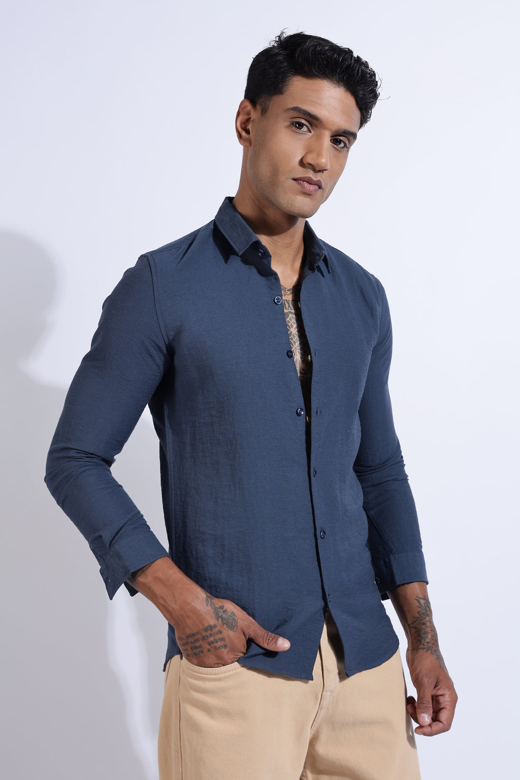 Men Lucas Look Linen Shirt-Blue