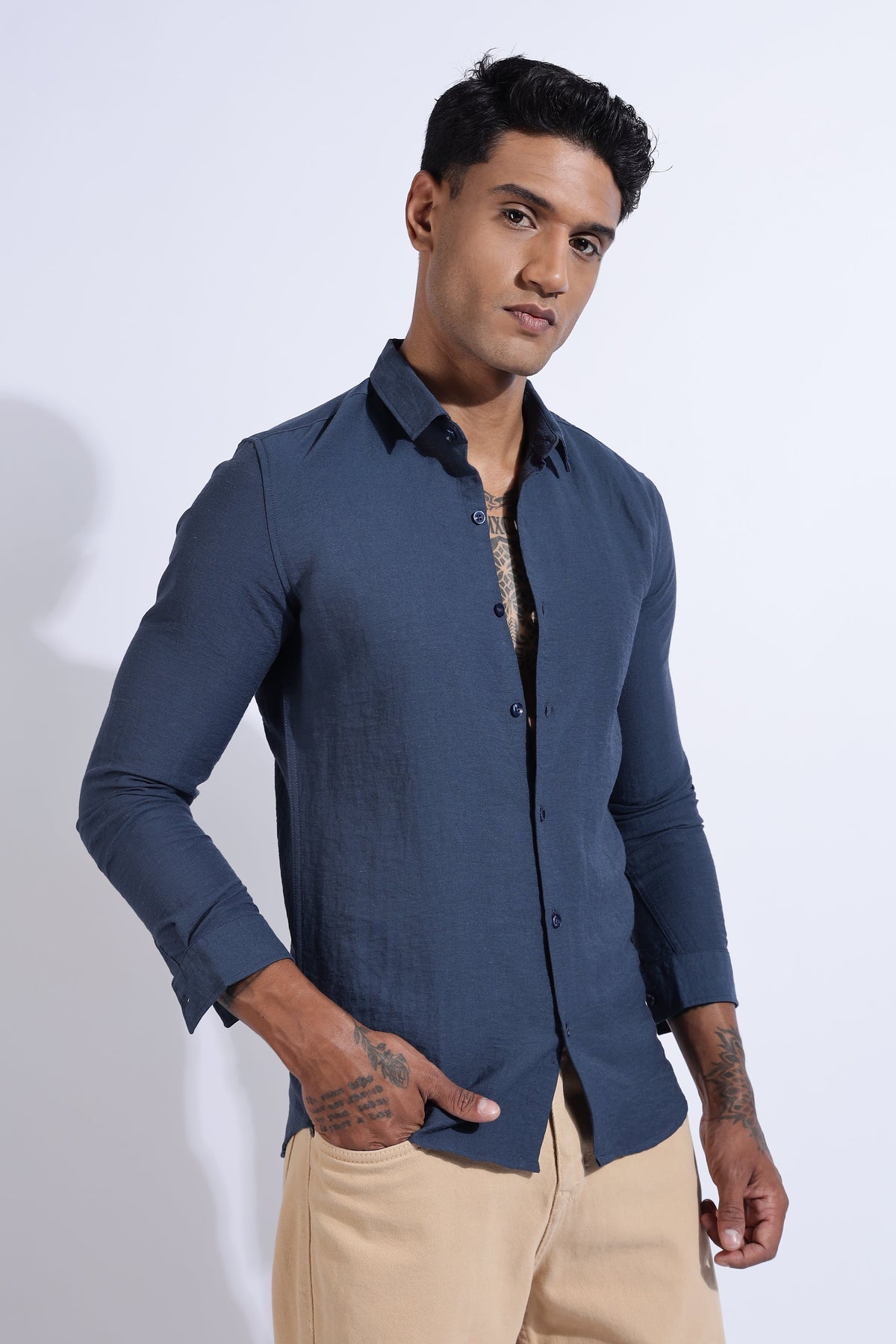 Men Lucas Look Linen Shirt-Blue