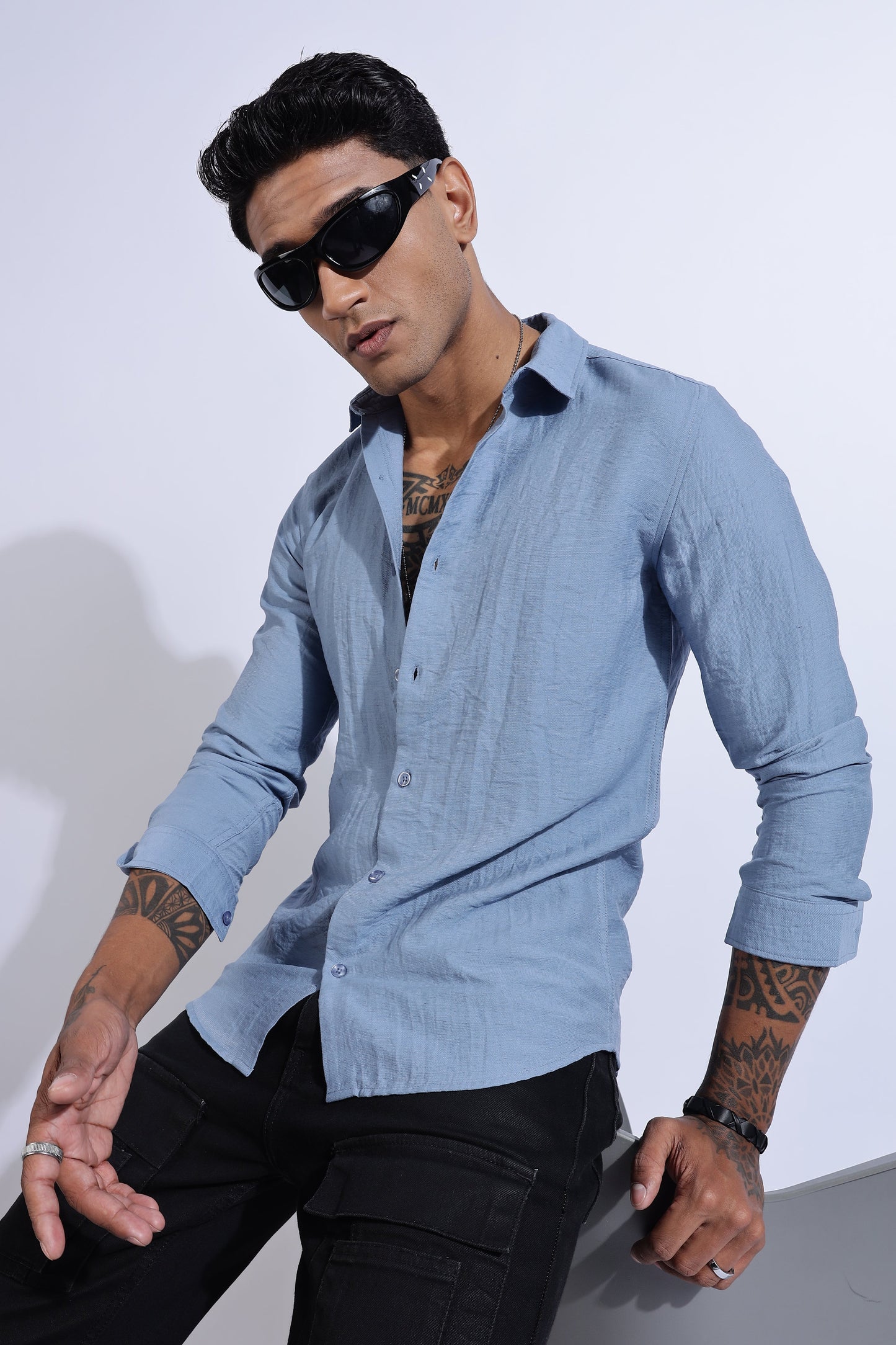 Men Lucas Look Linen Shirt-Sky Blue
