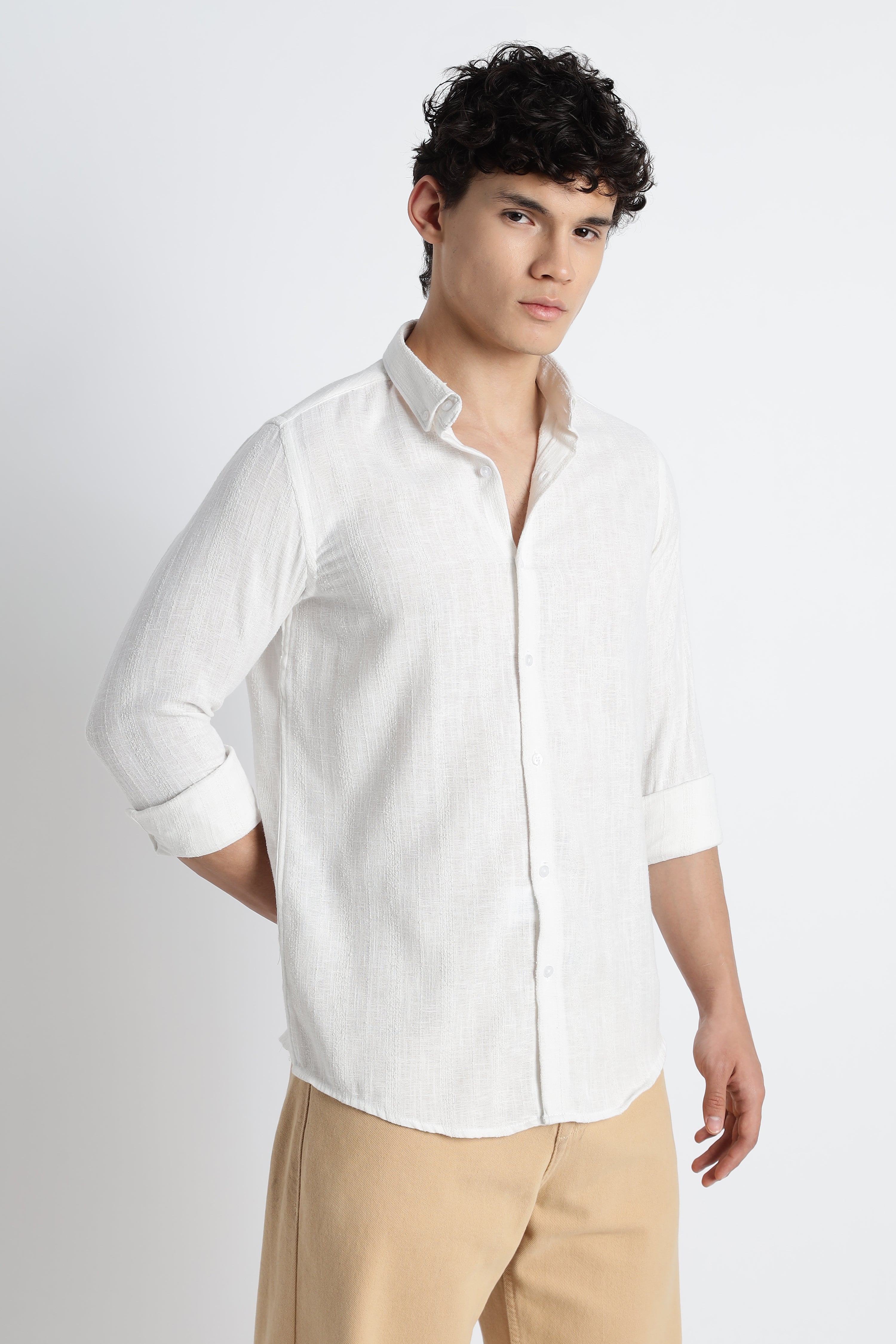 Men Milange Linen Stripes Shirts-White