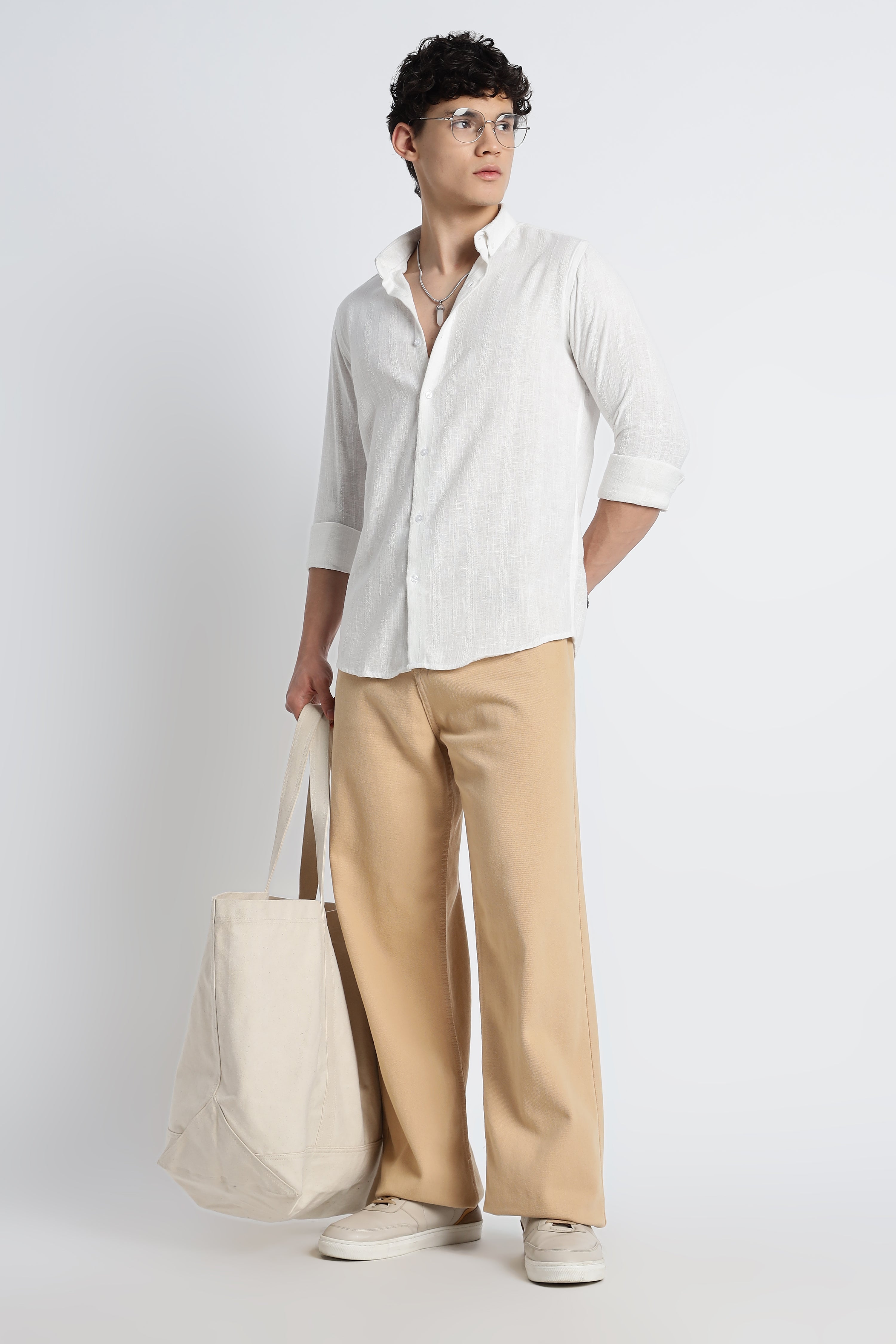 Men Milange Linen Stripes Shirts-White