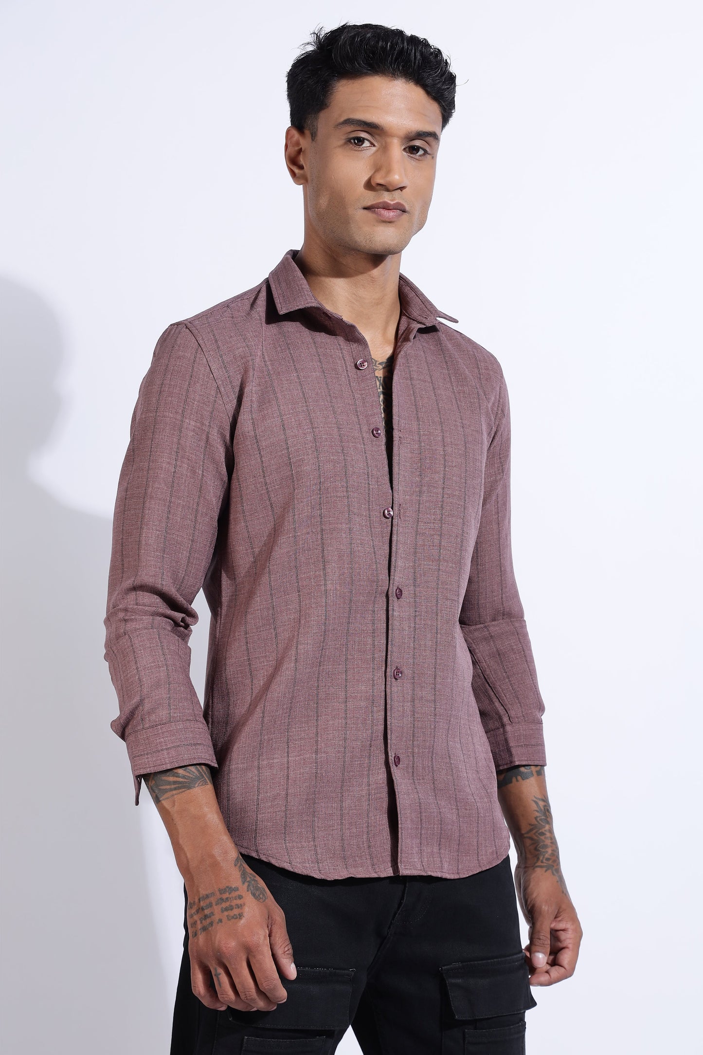 Men Air Like Linen Stripes Shirt-Wine