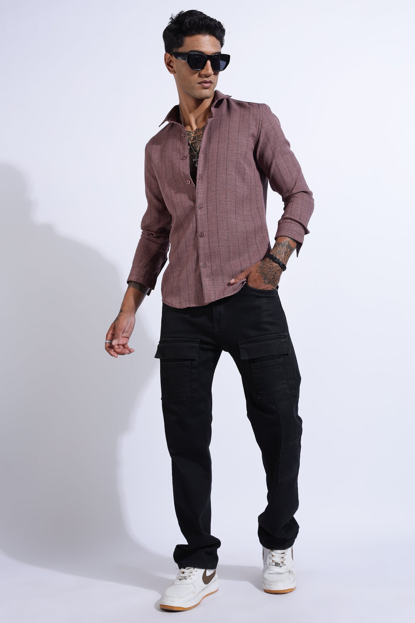 Men Air Like Linen Stripes Shirt-Wine