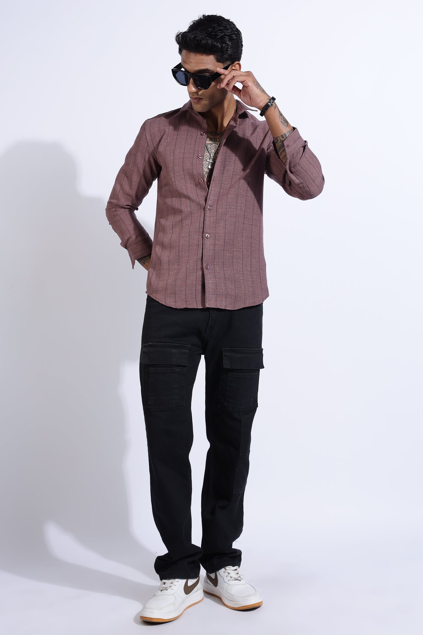 Men Air Like Linen Stripes Shirt-Wine