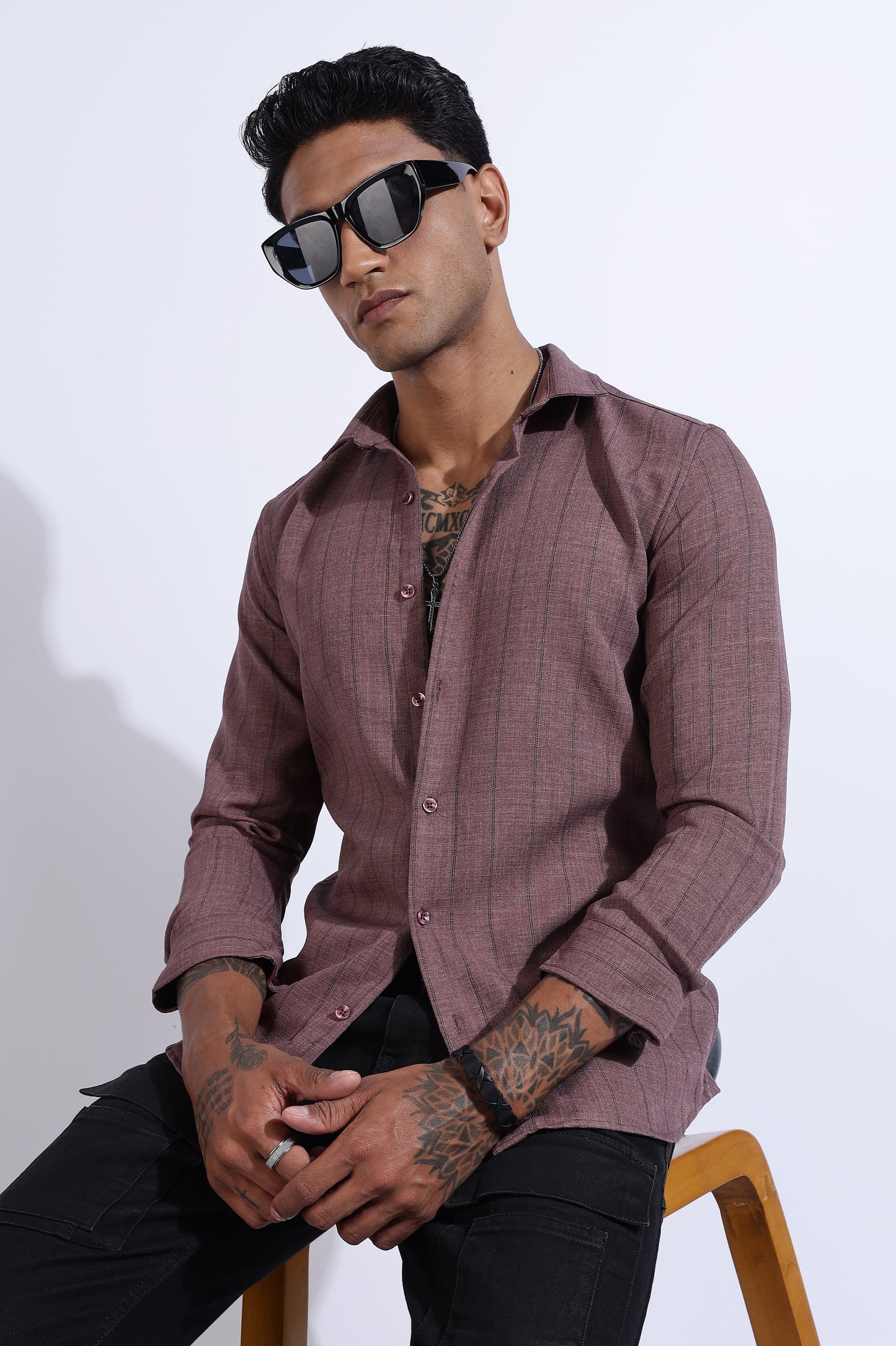 Men Air Like Linen Stripes Shirt-Wine