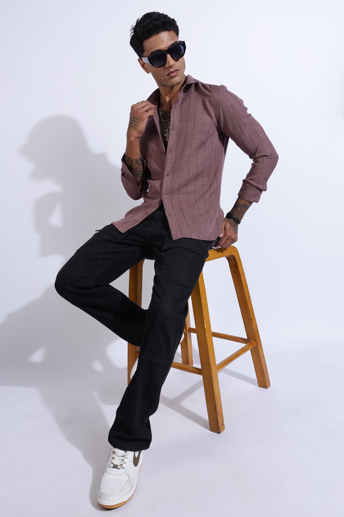 Men Air Like Linen Stripes Shirt-Wine