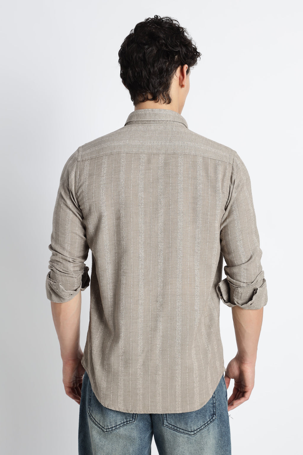 Men Milange Linen Stripes Shirts-Khakhi