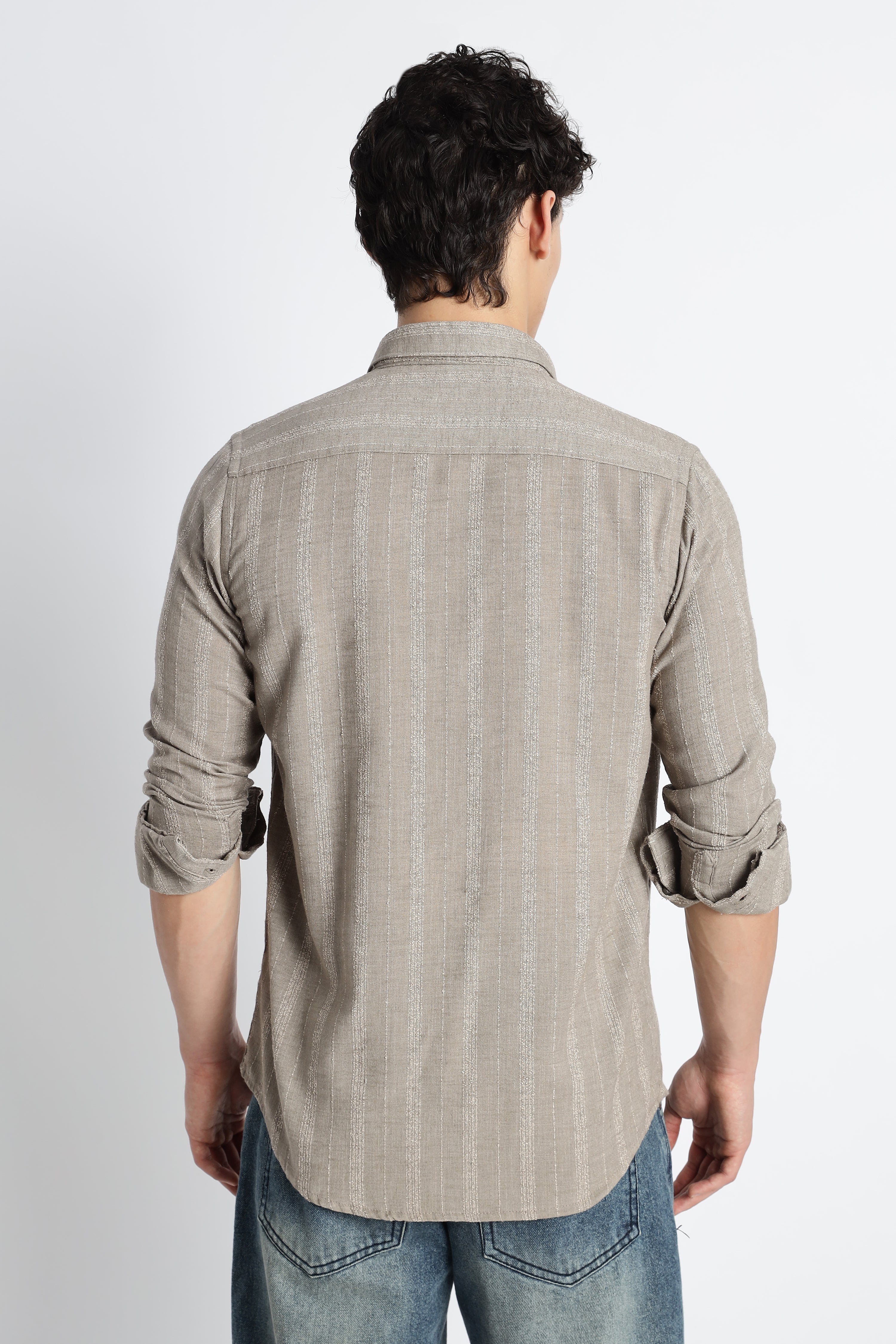 Men Milange Linen Stripes Shirts-Khakhi