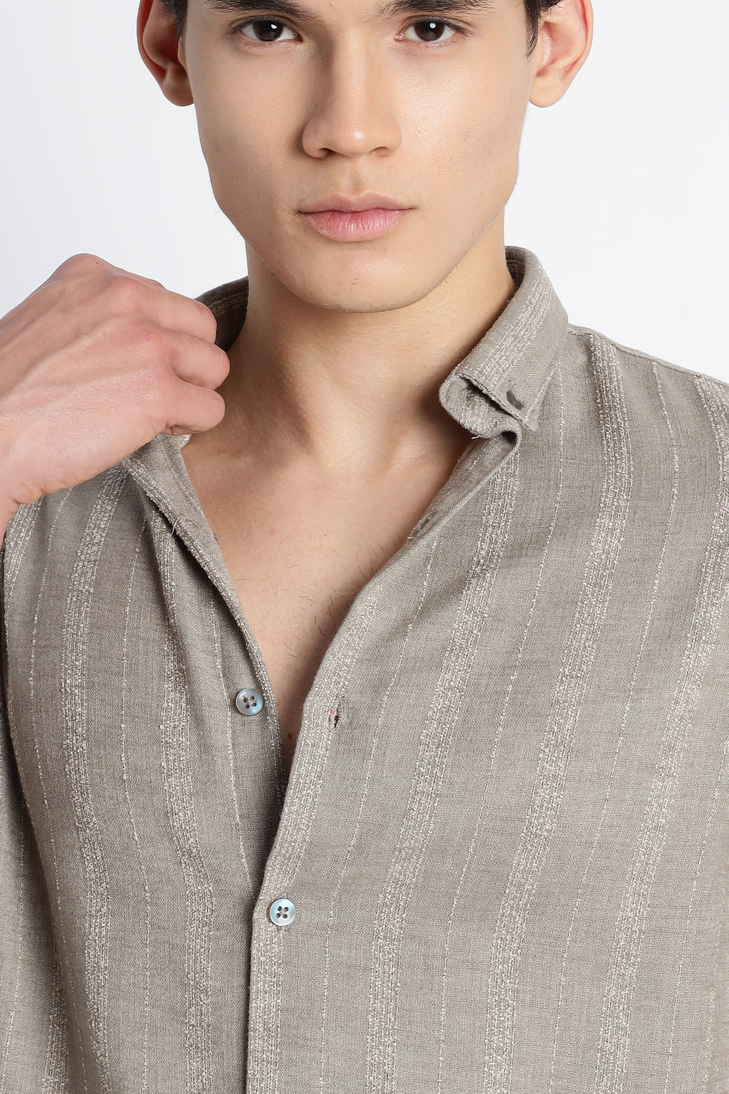 Men Milange Linen Stripes Shirts-Khakhi