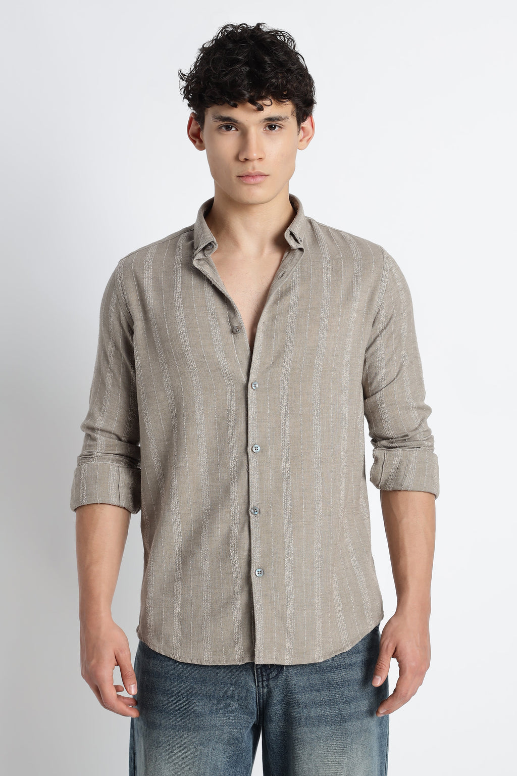 Men Milange Linen Stripes Shirts-Khakhi