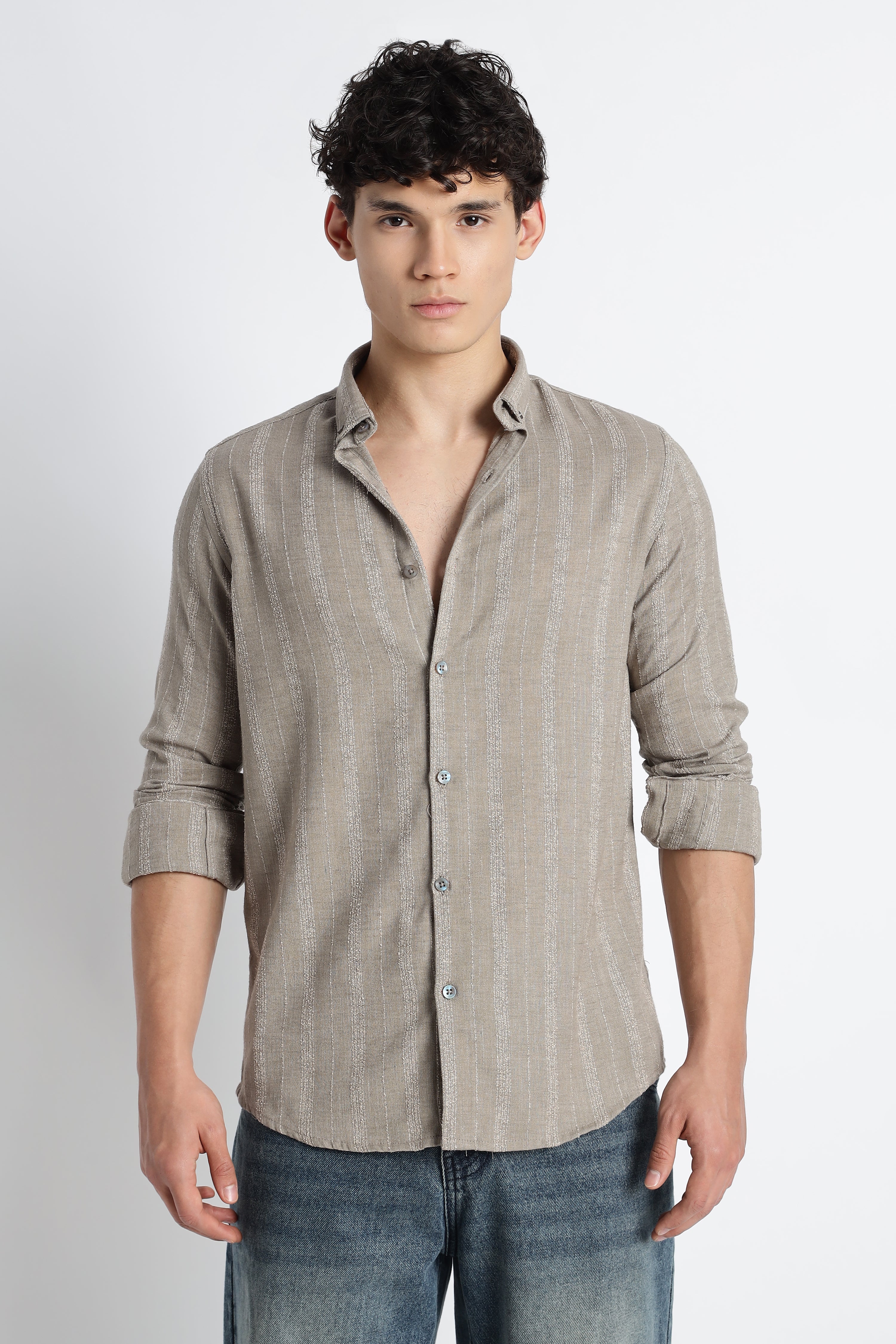 Men Milange Linen Stripes Shirts-Khakhi