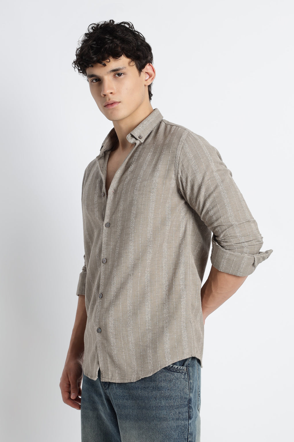 Men Milange Linen Stripes Shirts-Khakhi