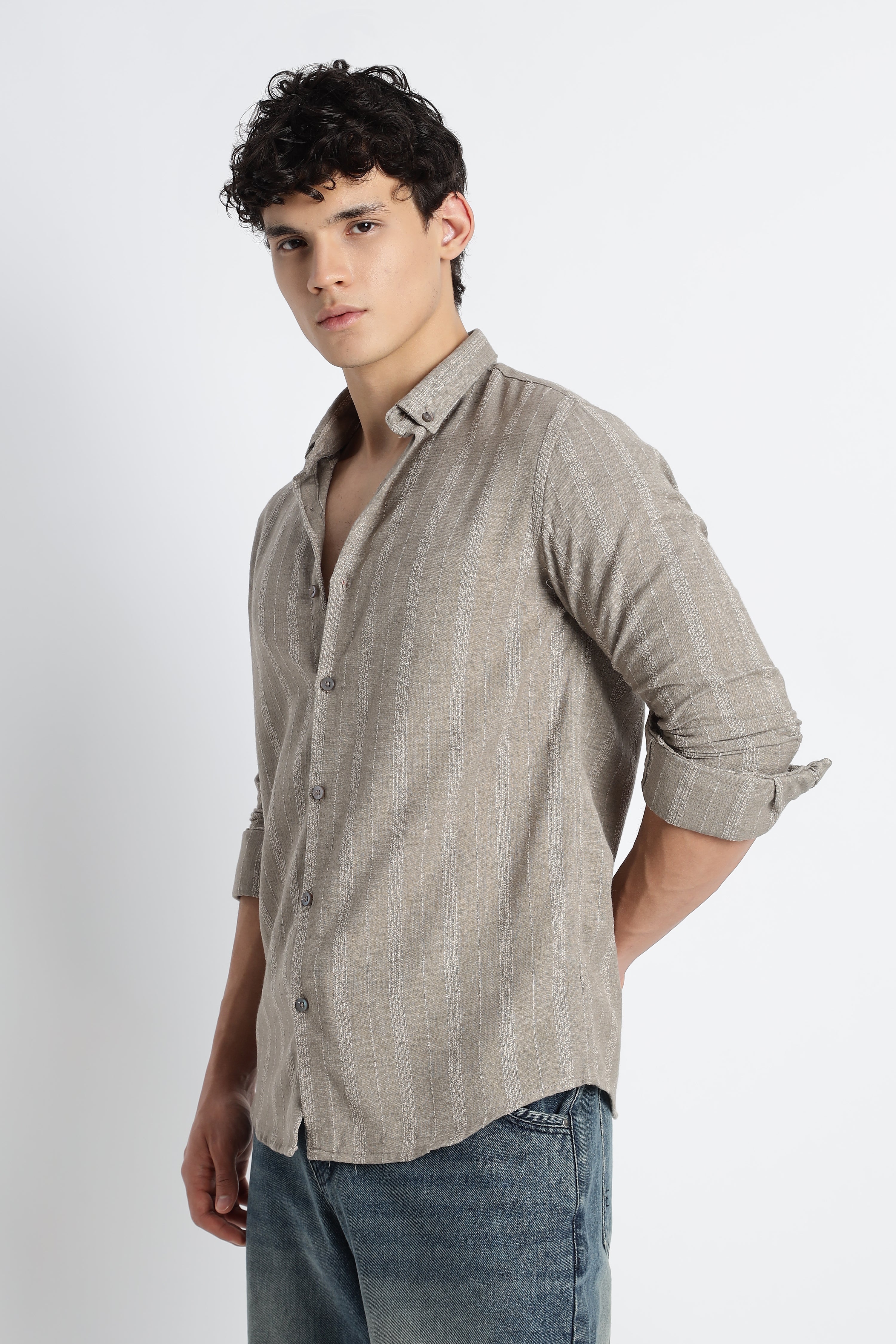 Men Milange Linen Stripes Shirts-Khakhi
