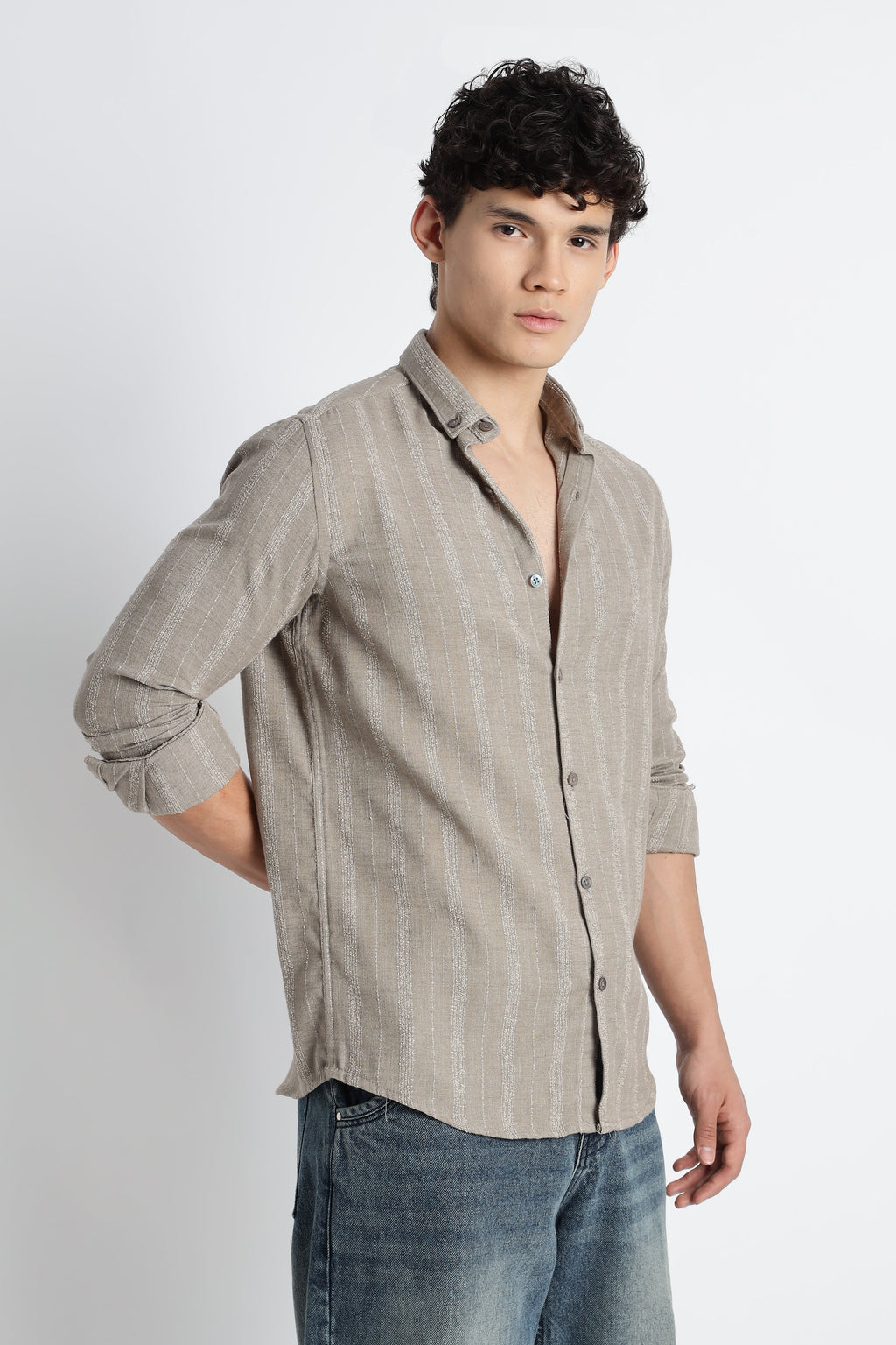 Men Milange Linen Stripes Shirts-Khakhi