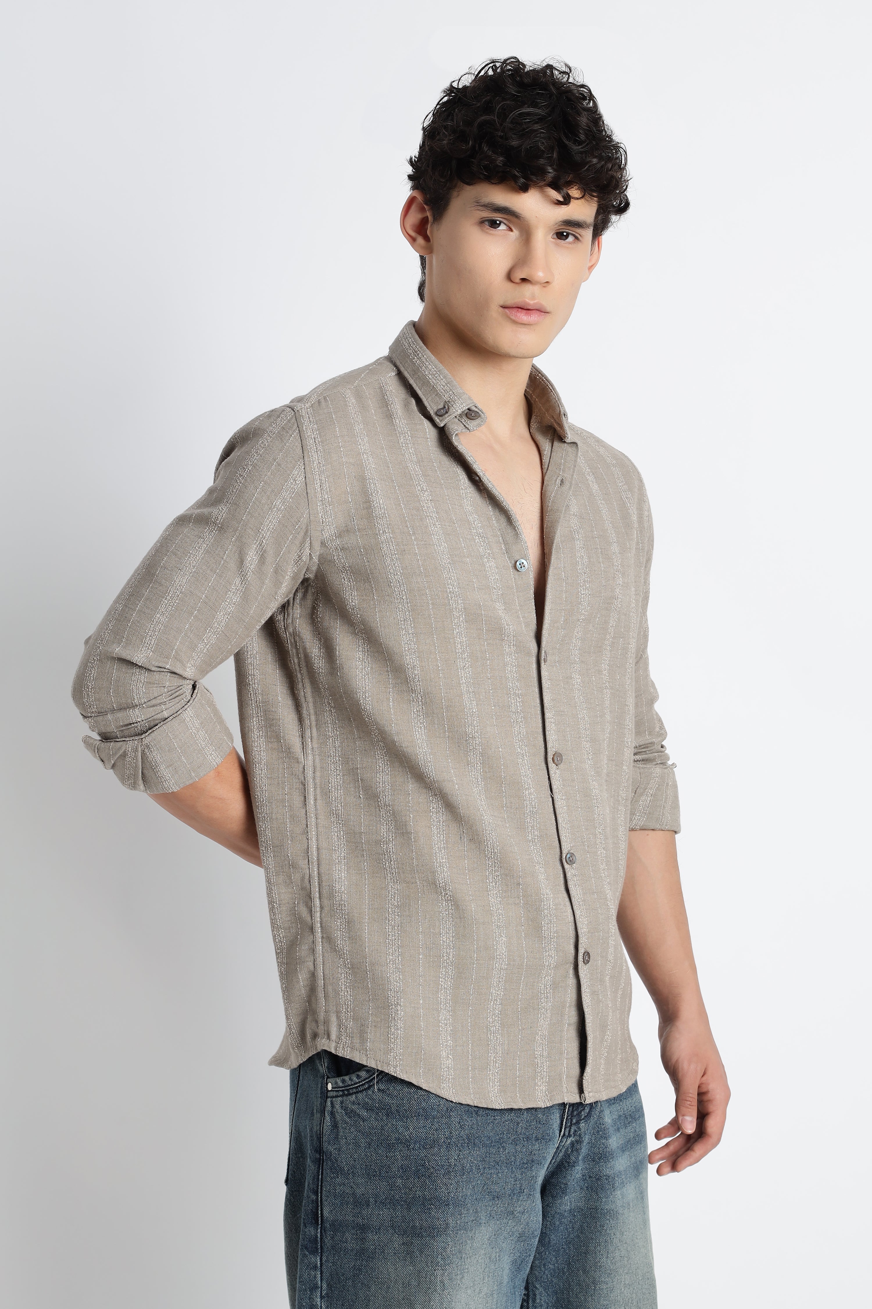 Men Milange Linen Stripes Shirts-Khakhi