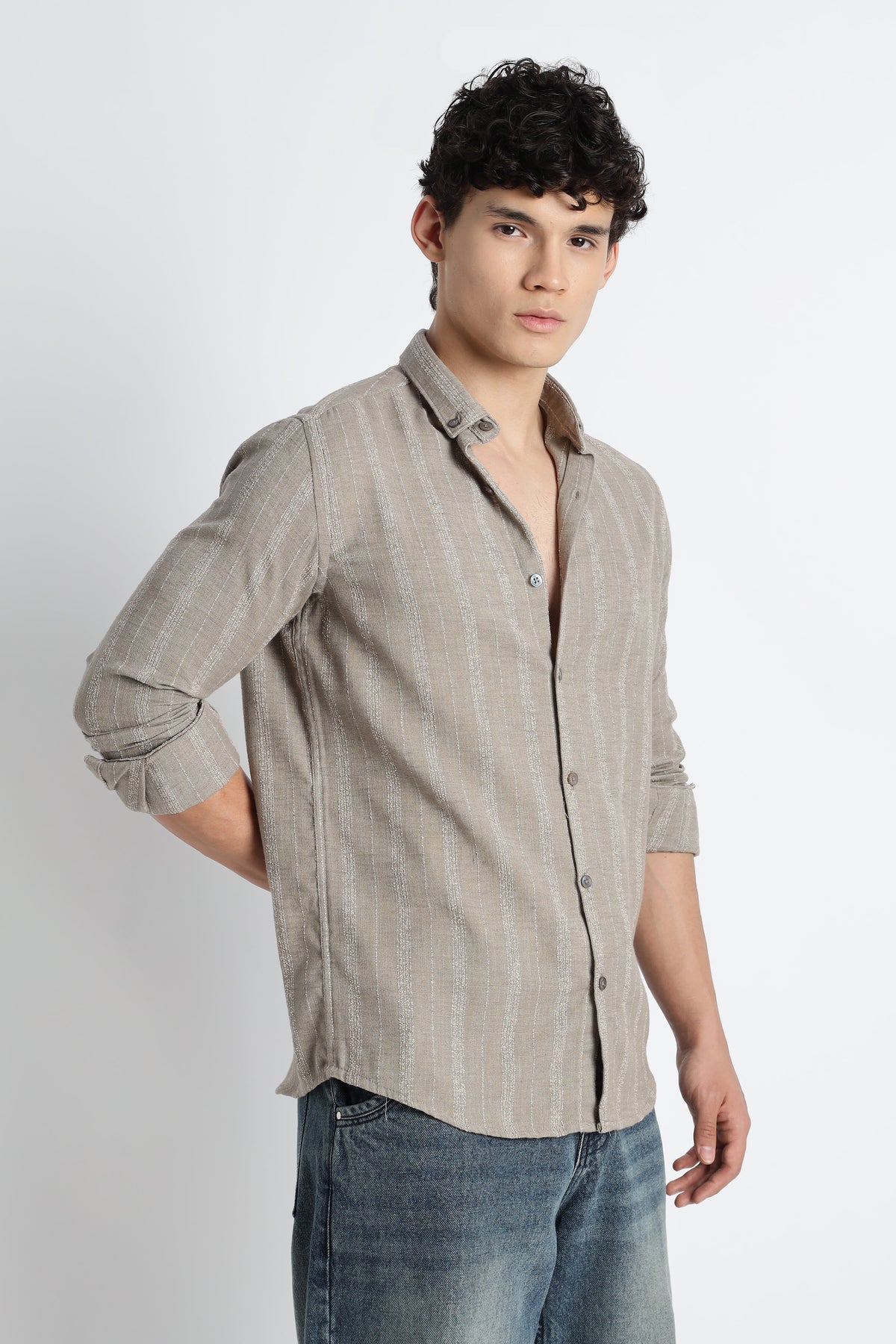 Men Milange Linen Stripes Shirts-Khakhi