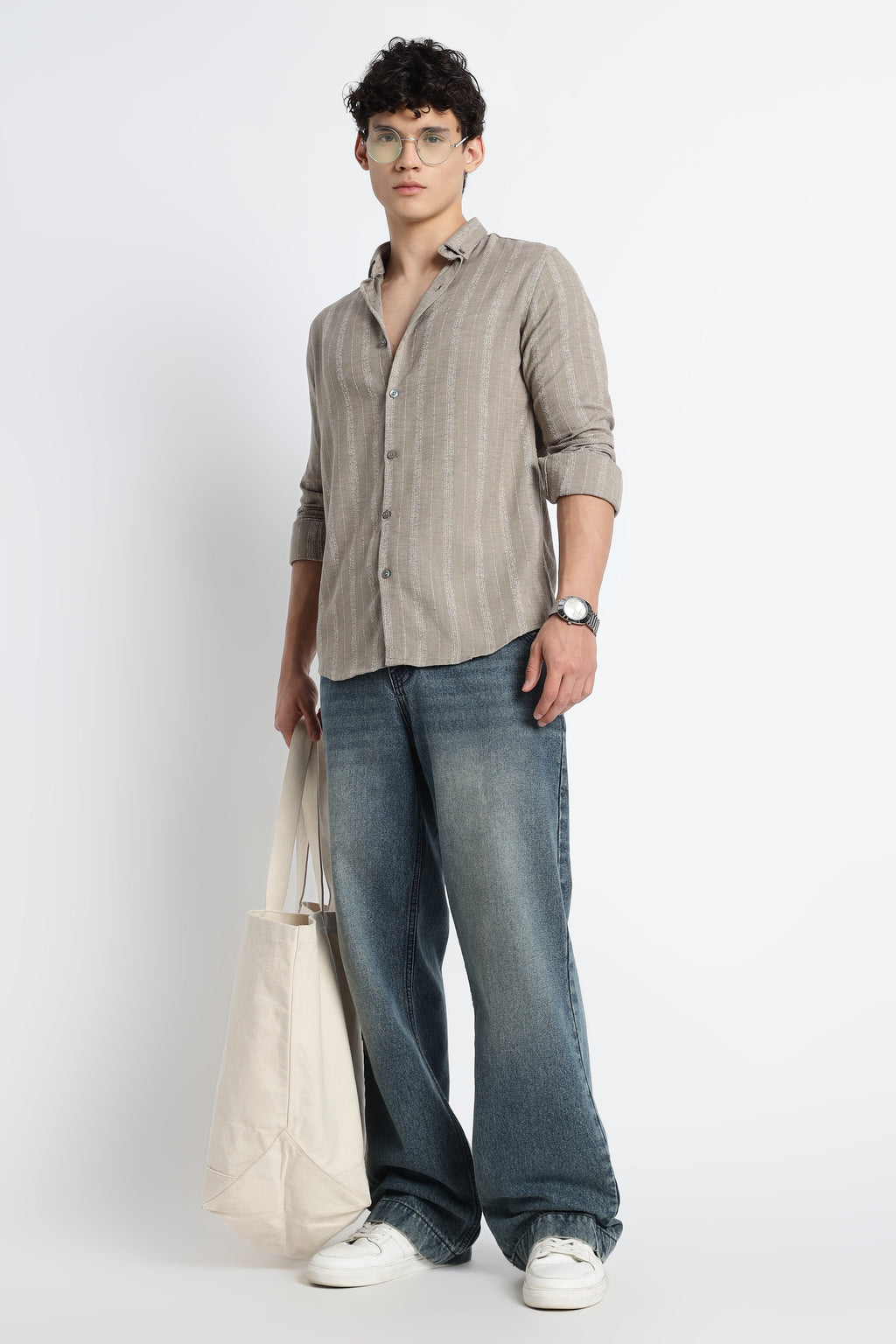 Men Milange Linen Stripes Shirts-Khakhi