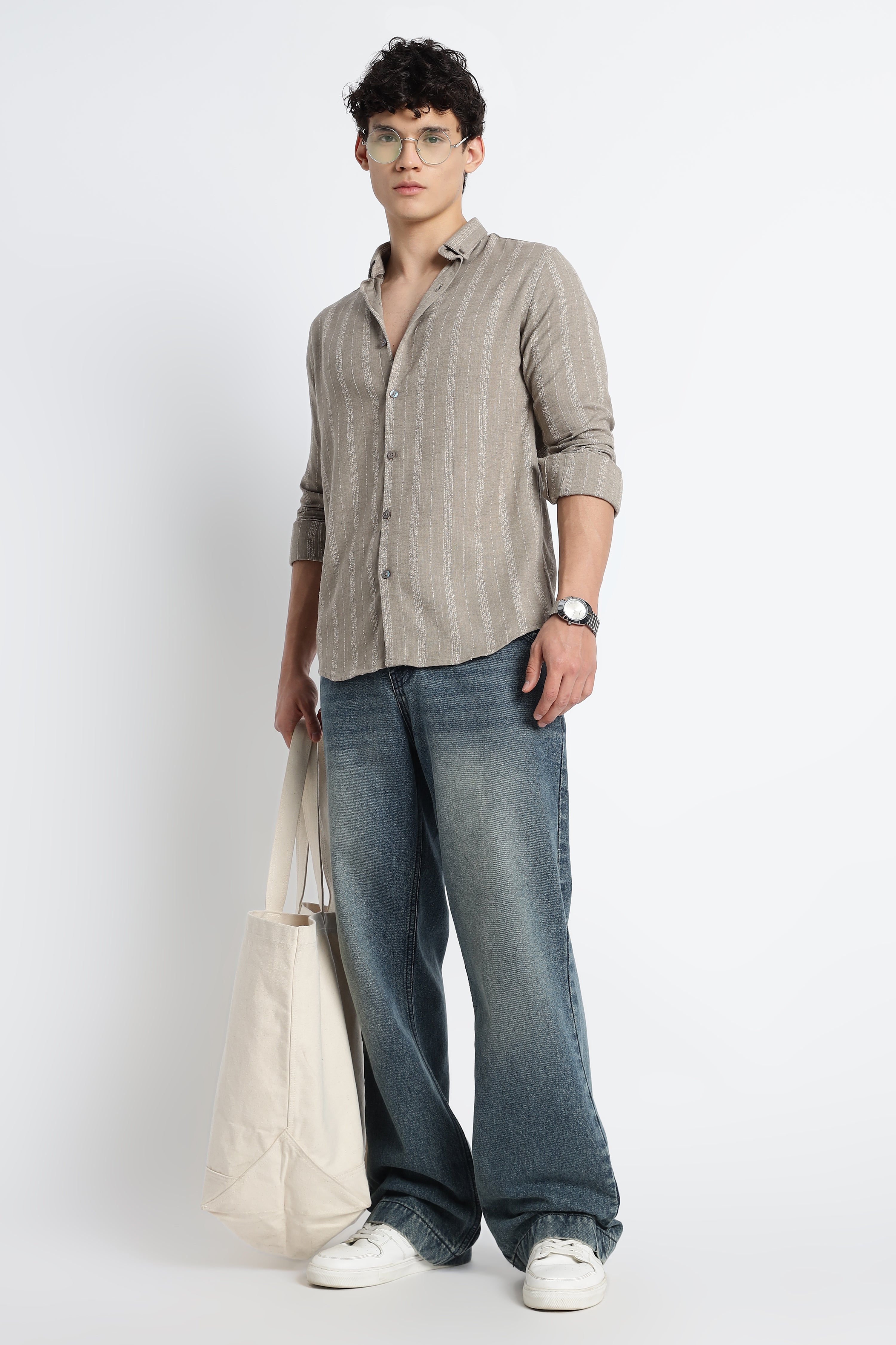 Men Milange Linen Stripes Shirts-Khakhi