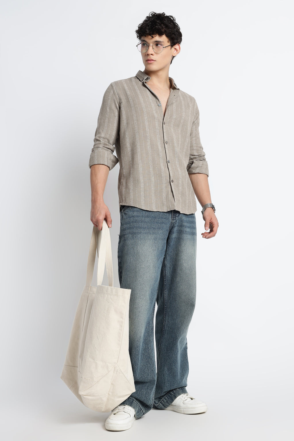Men Milange Linen Stripes Shirts-Khakhi