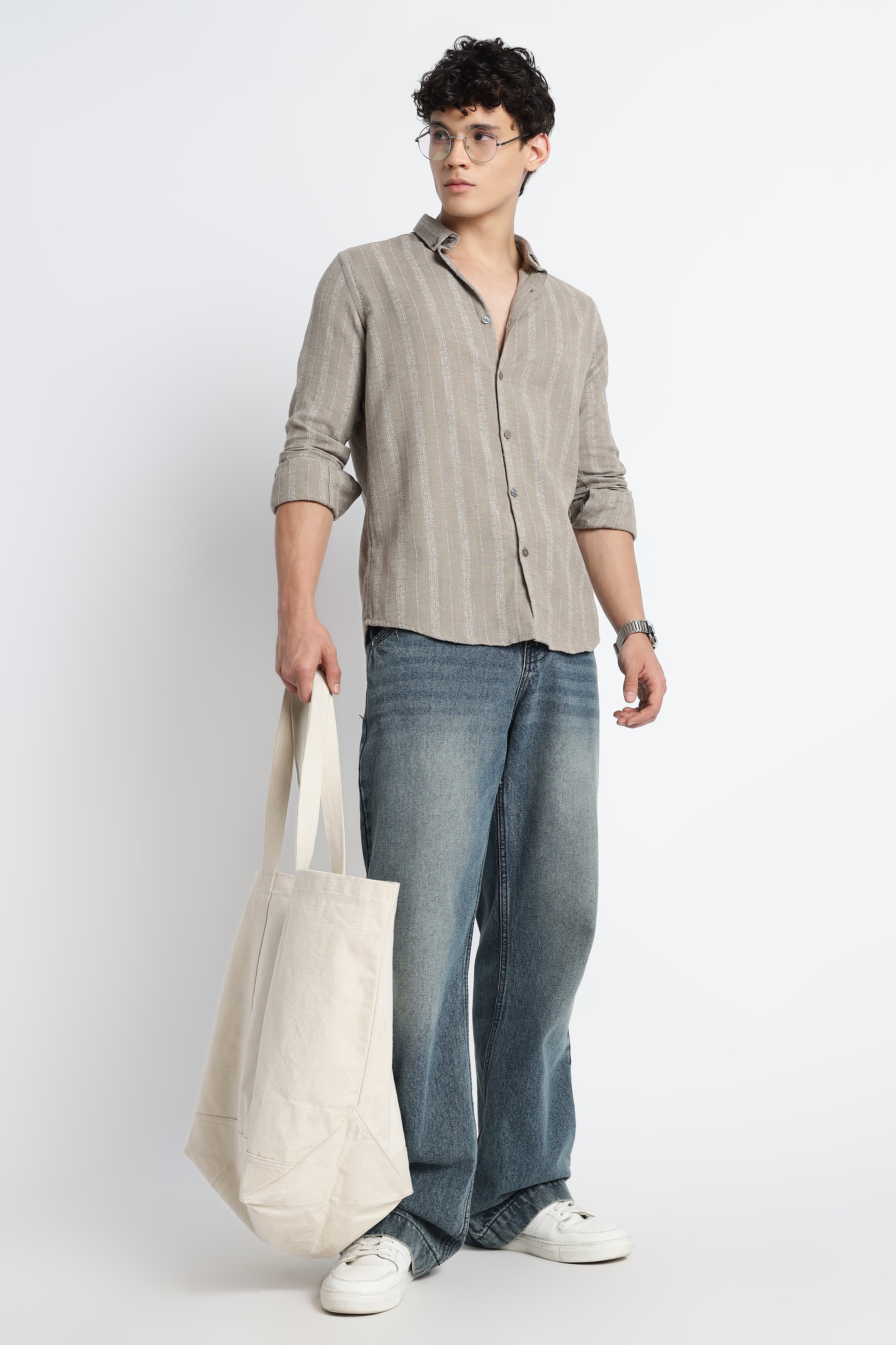 Men Milange Linen Stripes Shirts-Khakhi