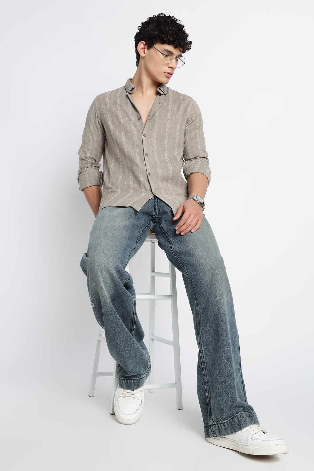 Men Milange Linen Stripes Shirts-Khakhi