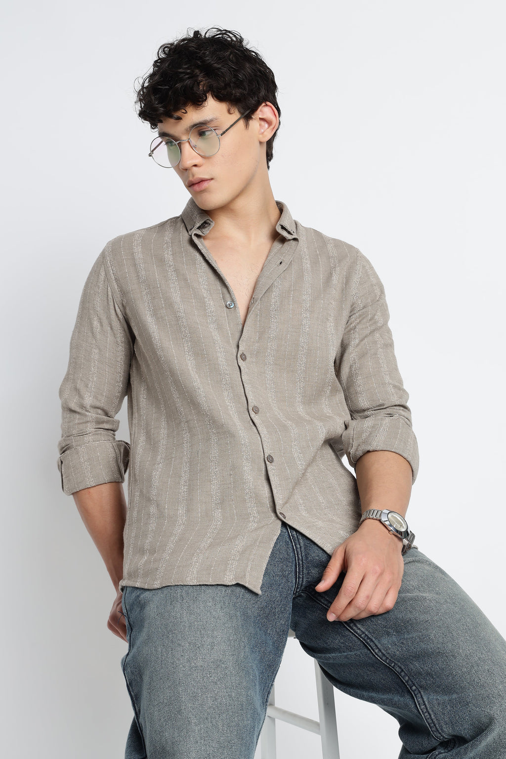 Men Milange Linen Stripes Shirts-Khakhi