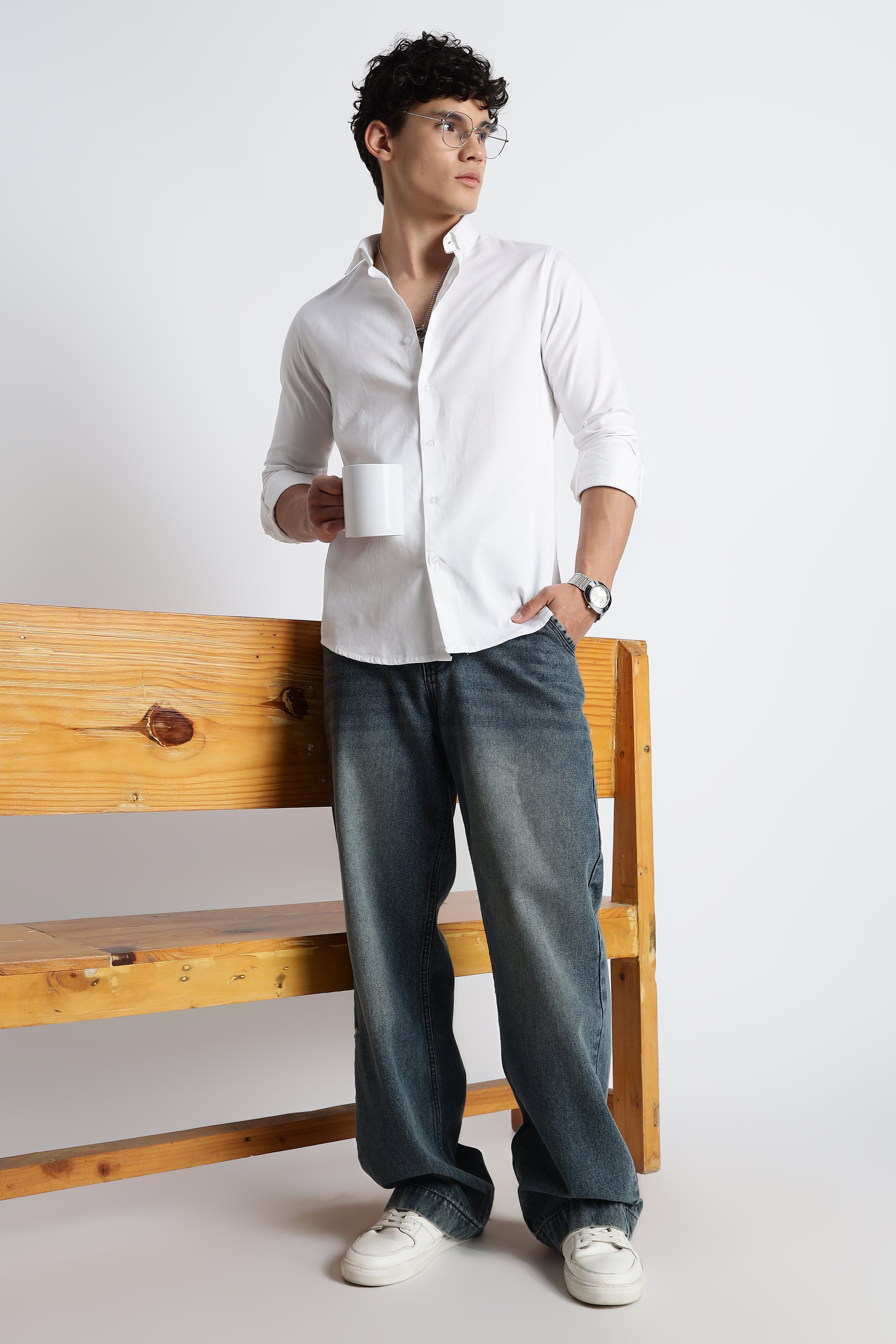 Men Army Twill Shirts-White