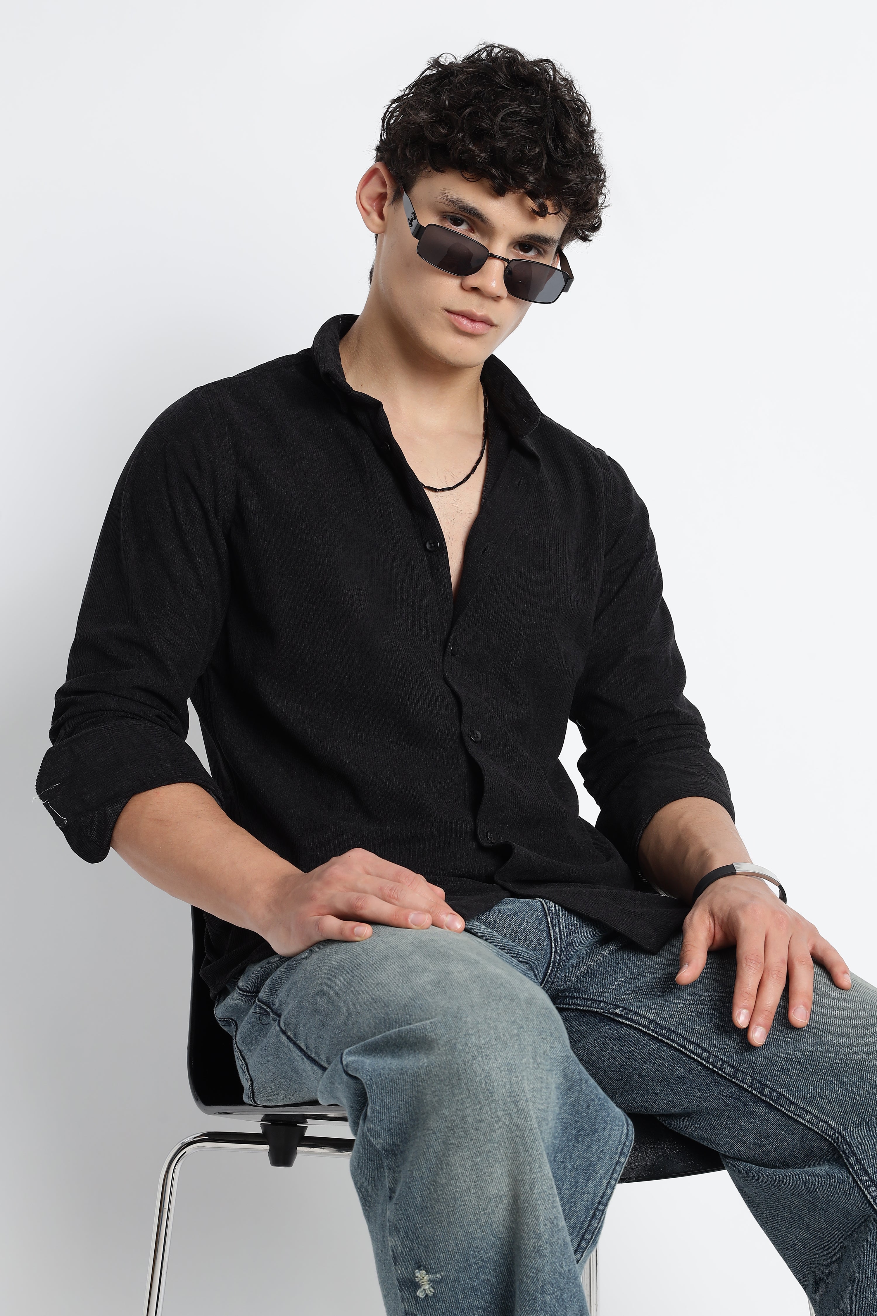 Men Corduroy Shirts-Black